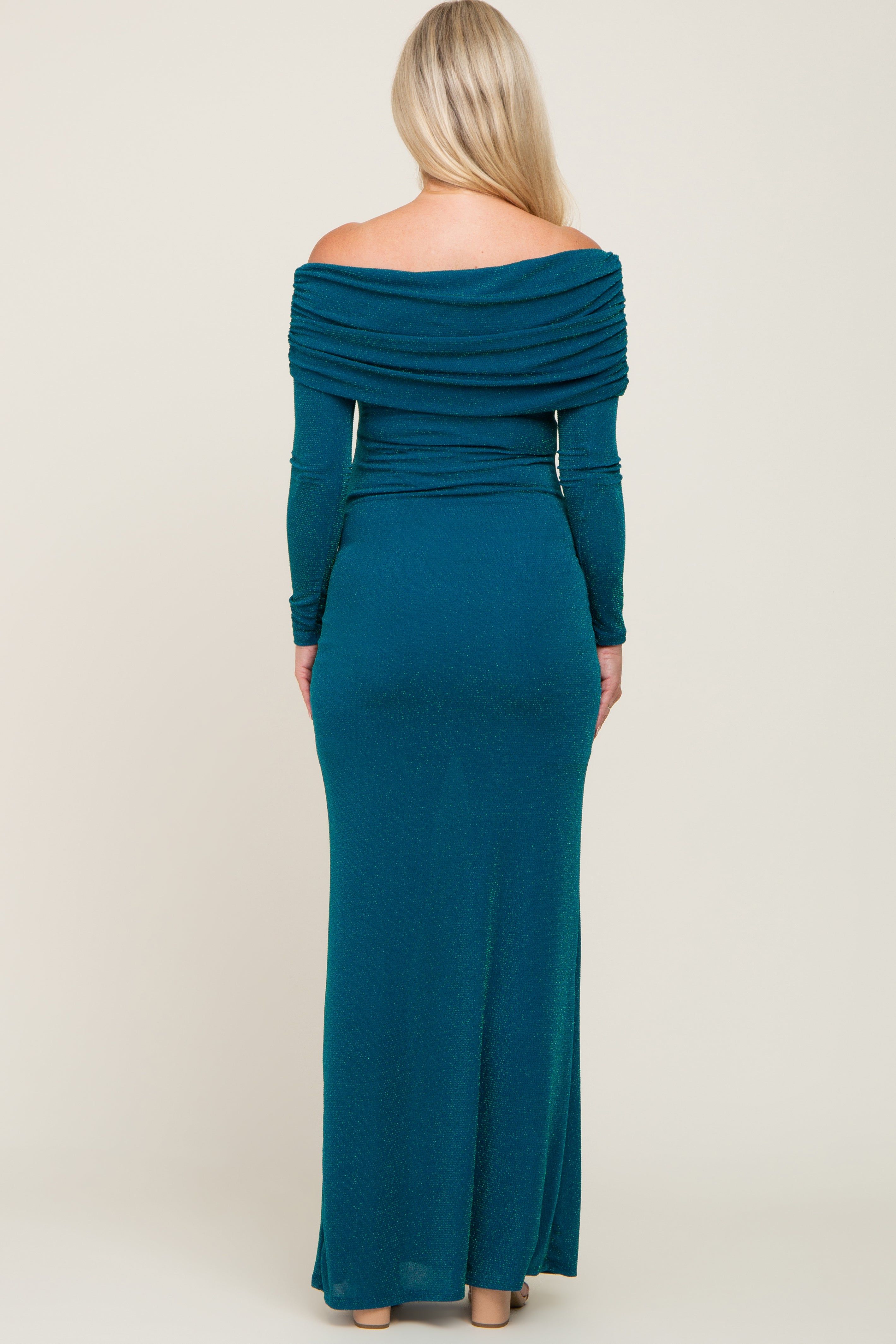 Teal Metallic Off Shoulder Long Sleeve Maternity Maxi Dress sold by Pinkblush product image thumbnail 3