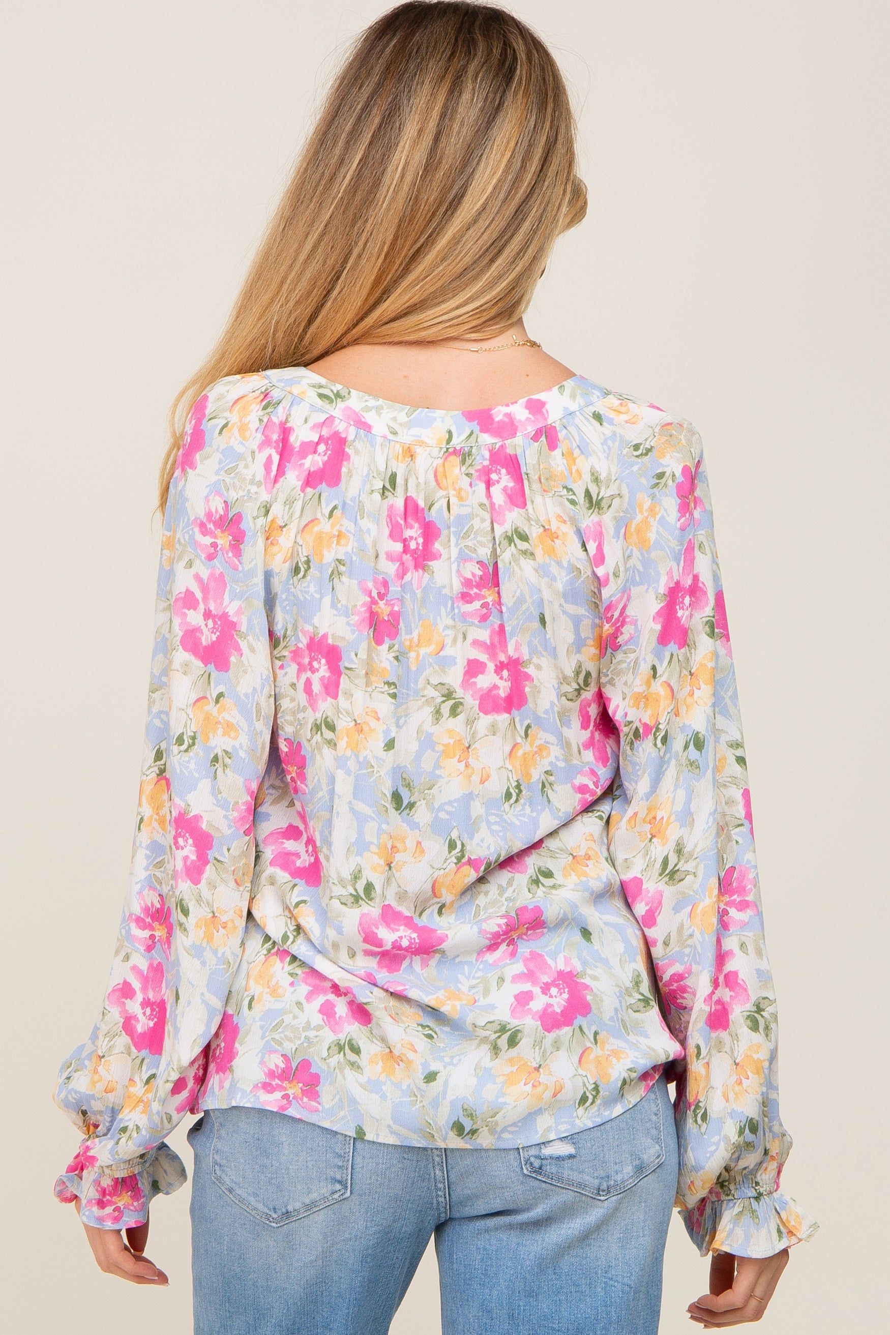 Blue Floral Button Front Long Sleeve Maternity Blouse sold by Pinkblush product image thumbnail 3