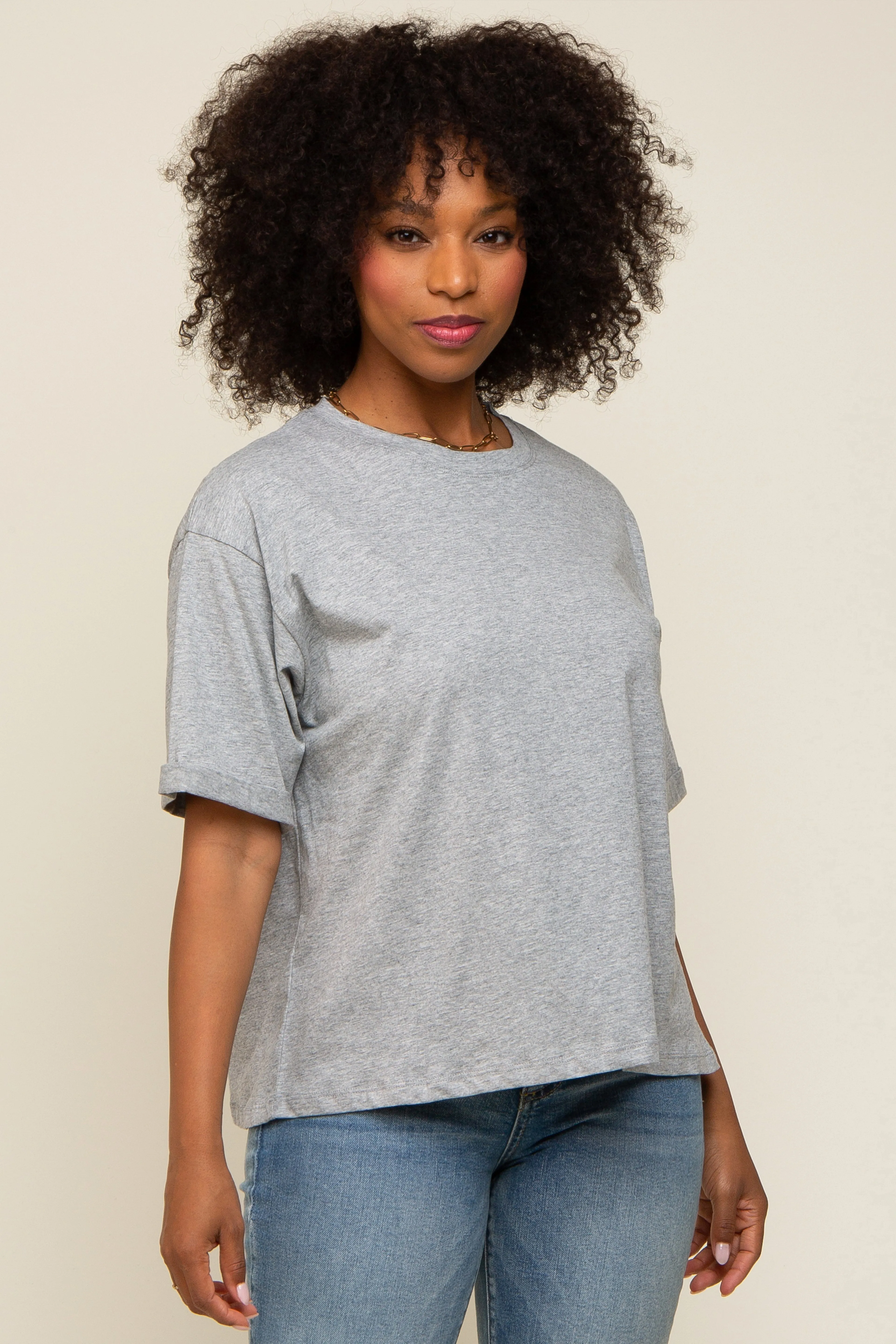 Heather Grey Basic Rolled Short Sleeve T-Shirt sold by Pinkblush product image thumbnail 2