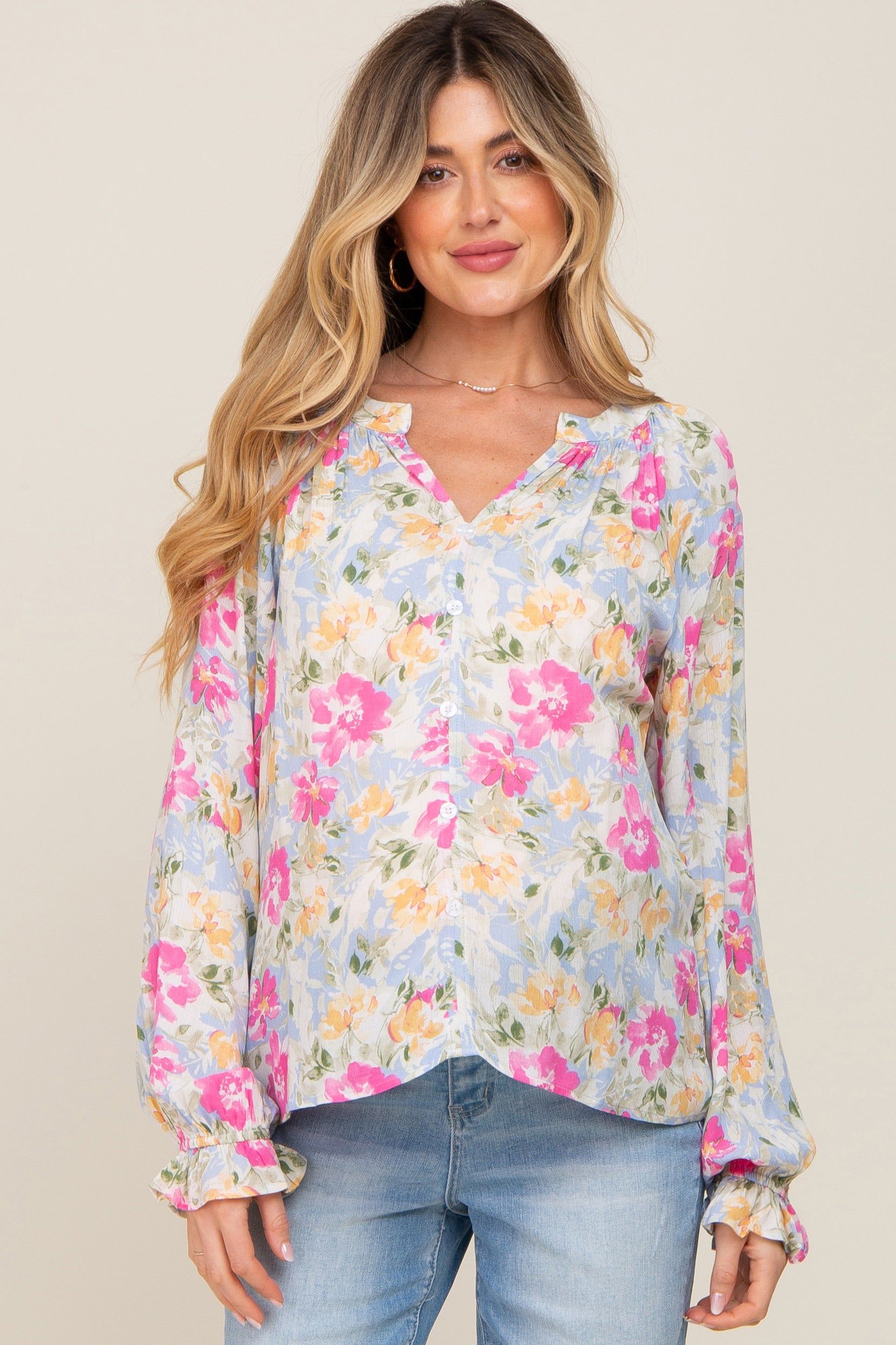 Blue Floral Button Front Long Sleeve Maternity Blouse sold by Pinkblush