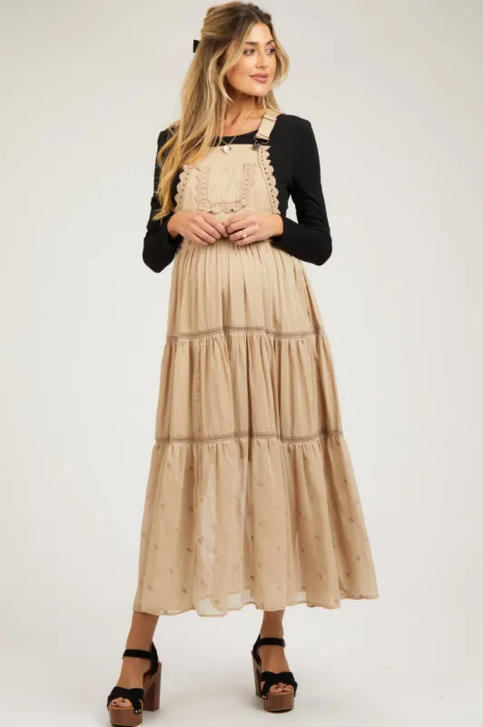 Beige Overall Crochet Lace Tiered Maternity Dress sold by Pinkblush