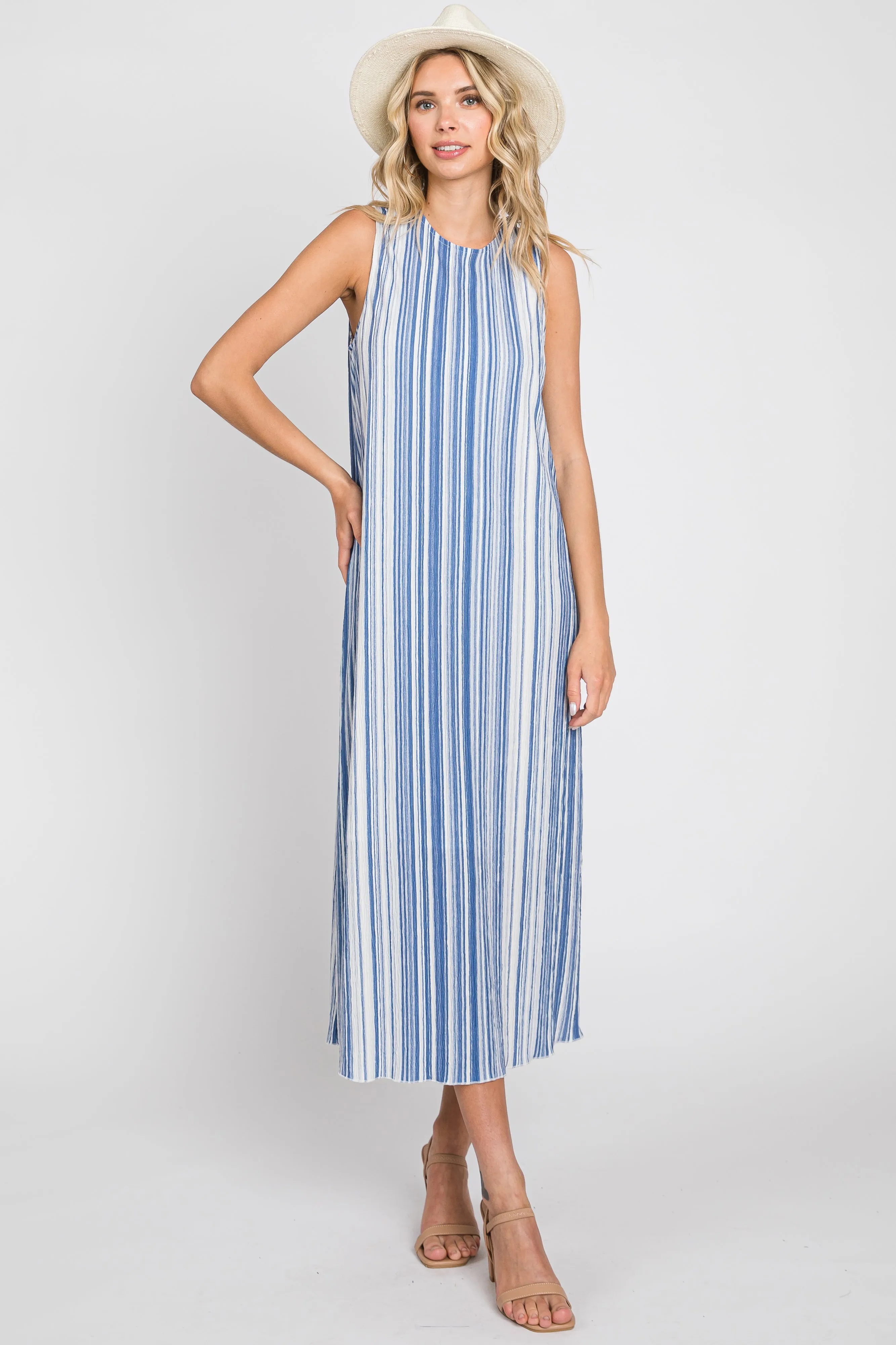 Blue Striped Sleeveless Maternity Midi Dress sold by Pinkblush product image thumbnail 5