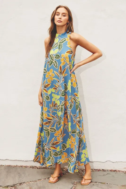 Blue Floral Halter Maxi Dress sold by Pinkblush