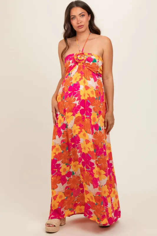 Peach Floral Halter Maternity Maxi Dress sold by Pinkblush