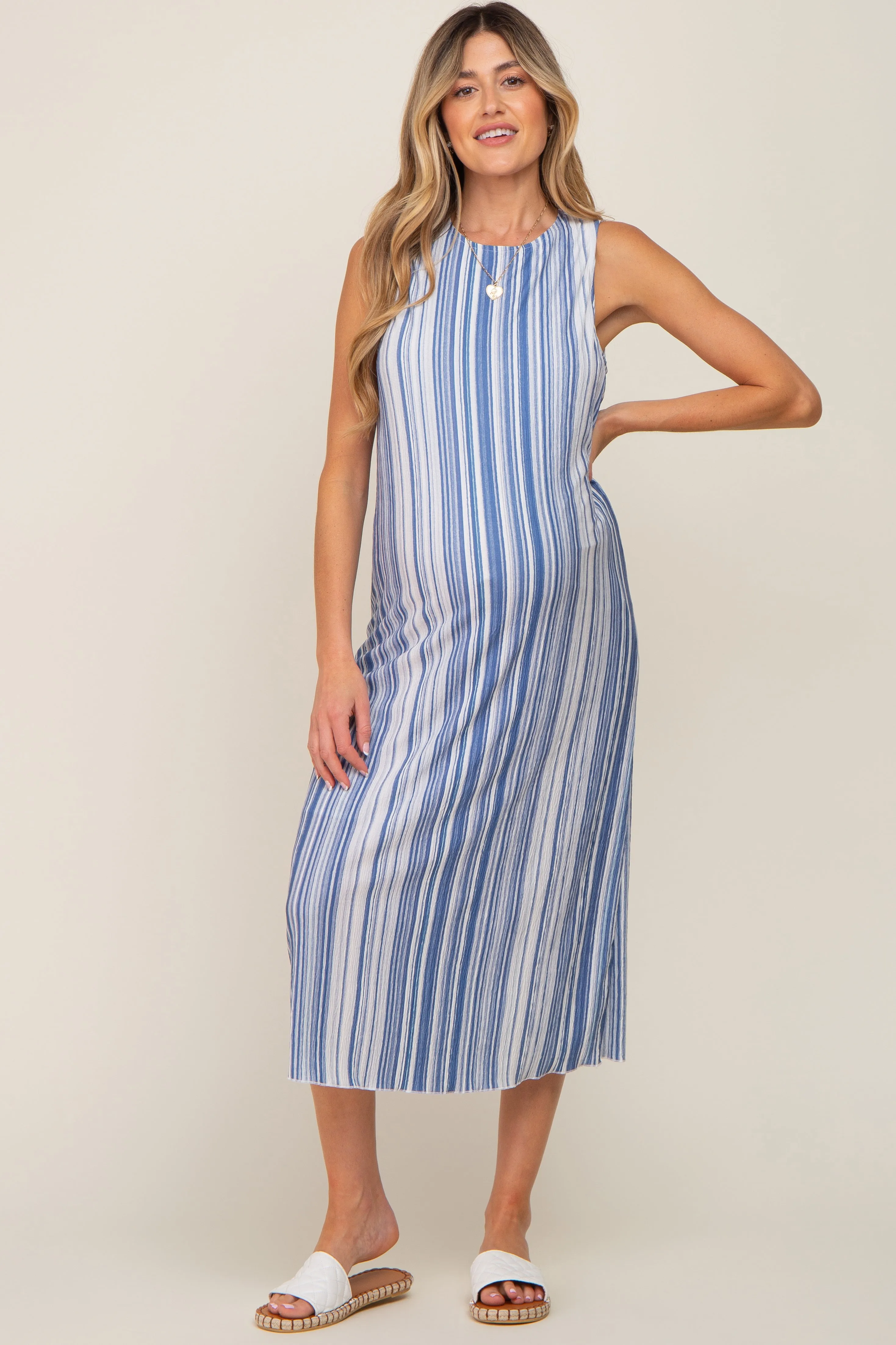 Blue Striped Sleeveless Maternity Midi Dress sold by Pinkblush product image thumbnail 4