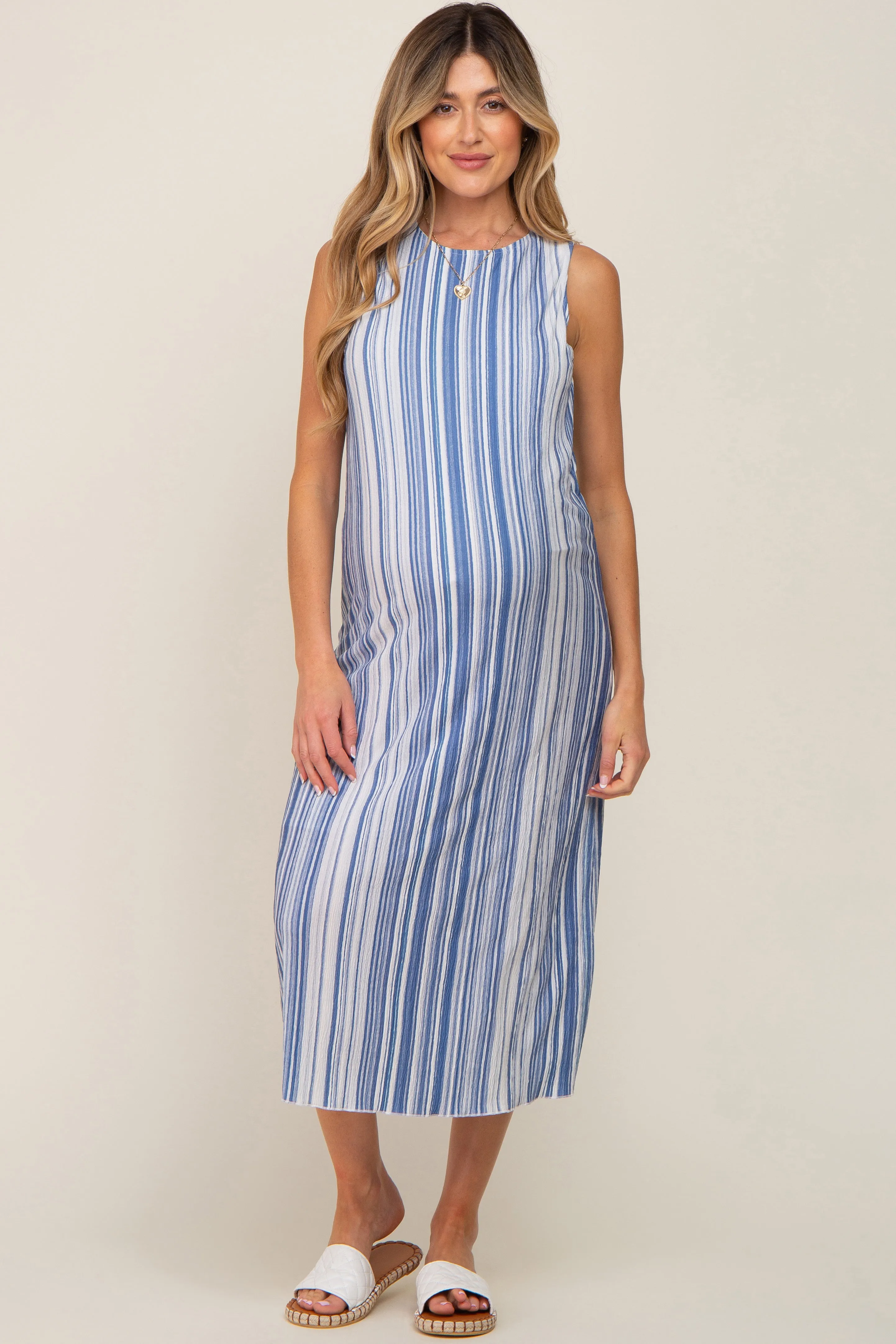 Blue Striped Sleeveless Maternity Midi Dress sold by Pinkblush