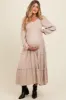 Beige Smocked V-Neck Ruffle Tiered Maternity Maxi Dress sold by Pinkblush