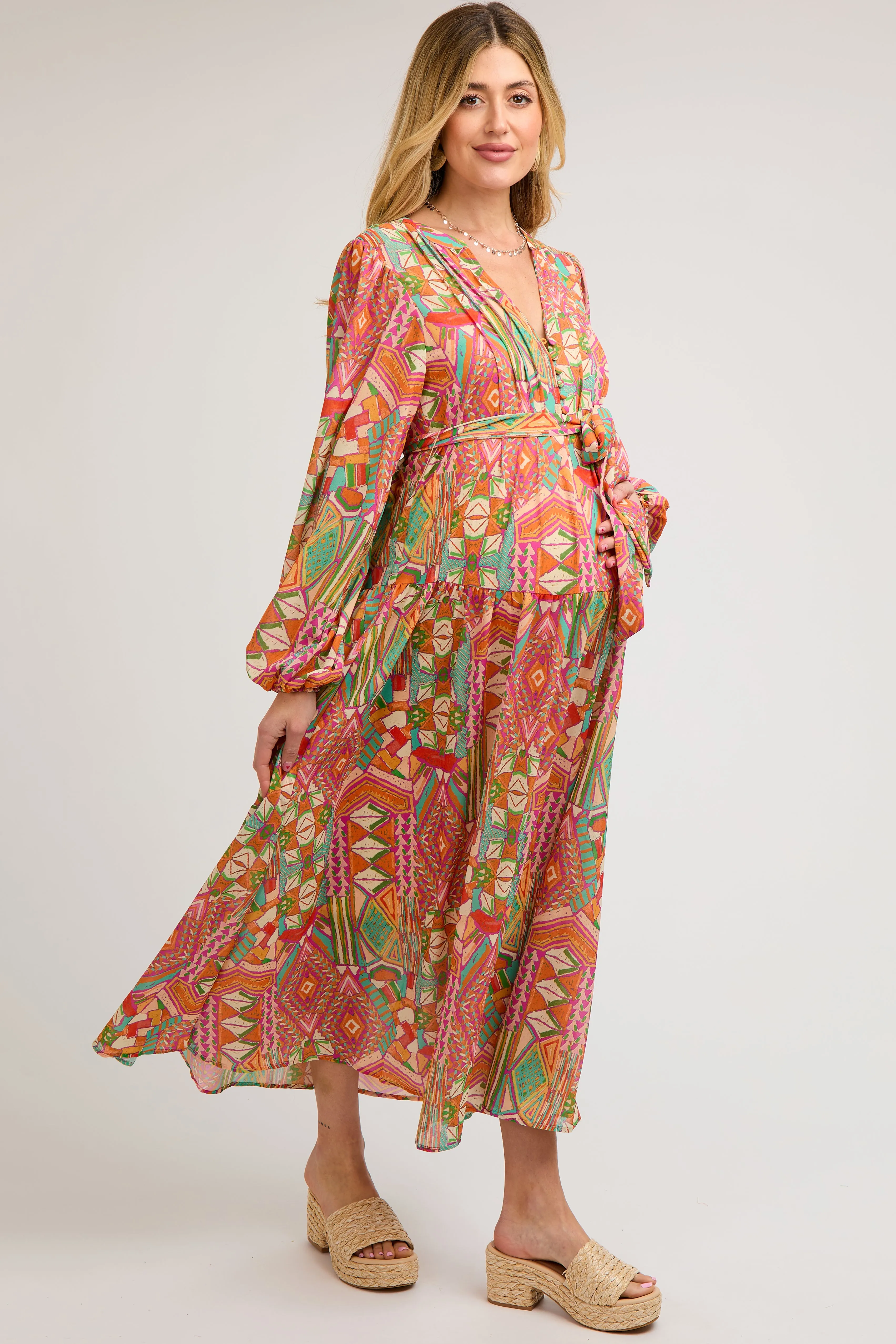 Orange Button Front Ruffle Maternity Midi Dress sold by Pinkblush