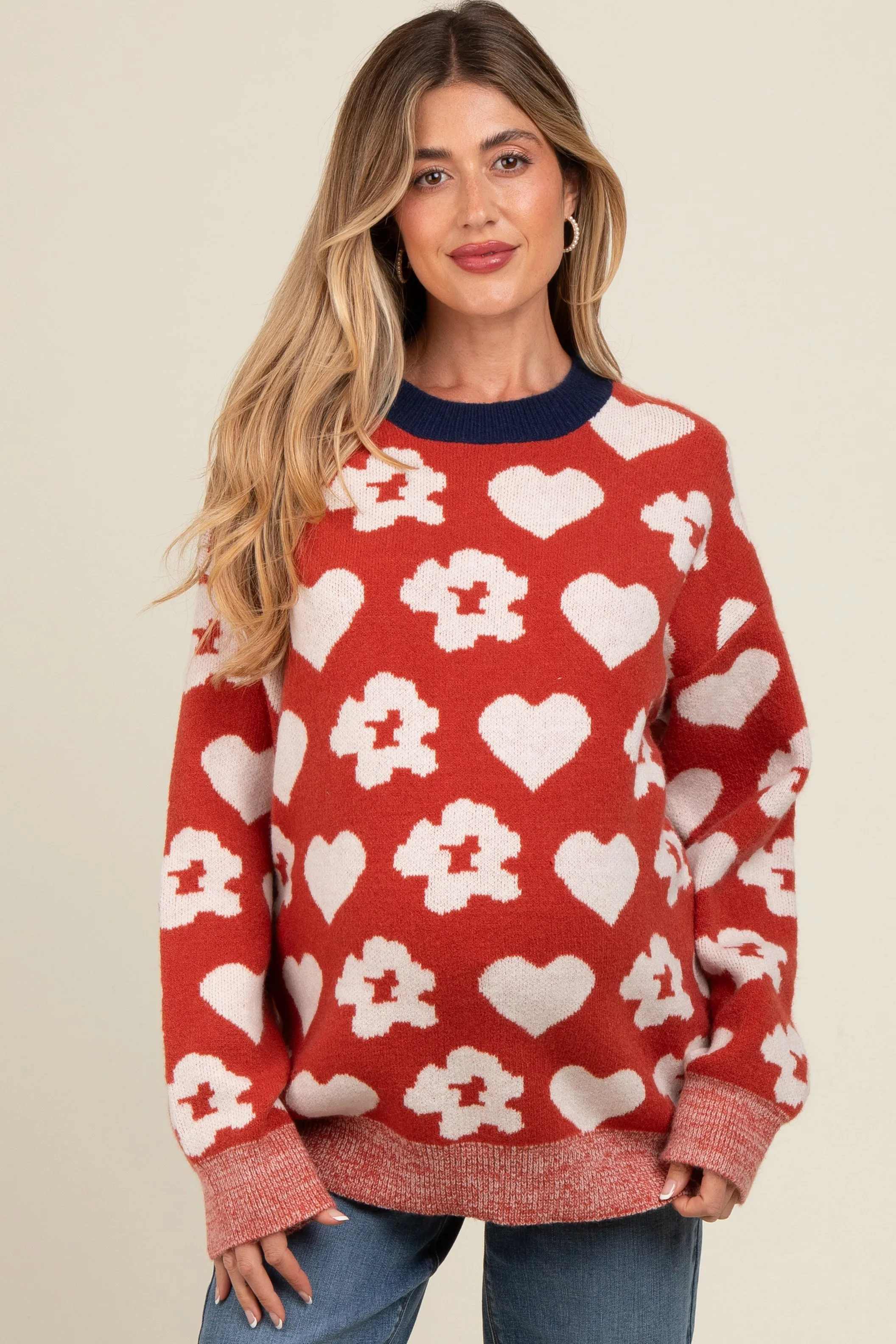 Rust Floral Heart Print Maternity Sweater sold by Pinkblush