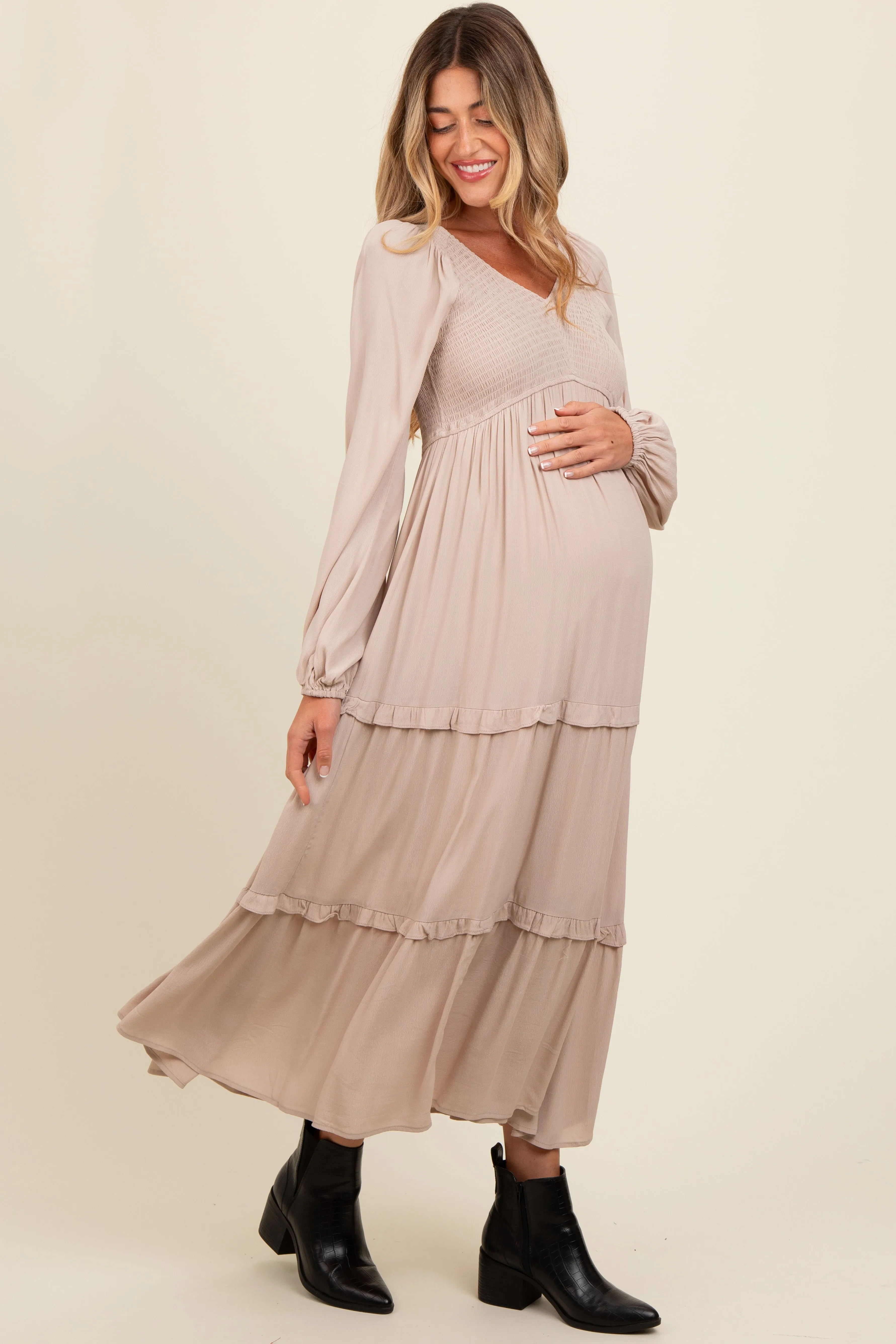 Beige Smocked V-Neck Ruffle Tiered Maternity Maxi Dress sold by Pinkblush