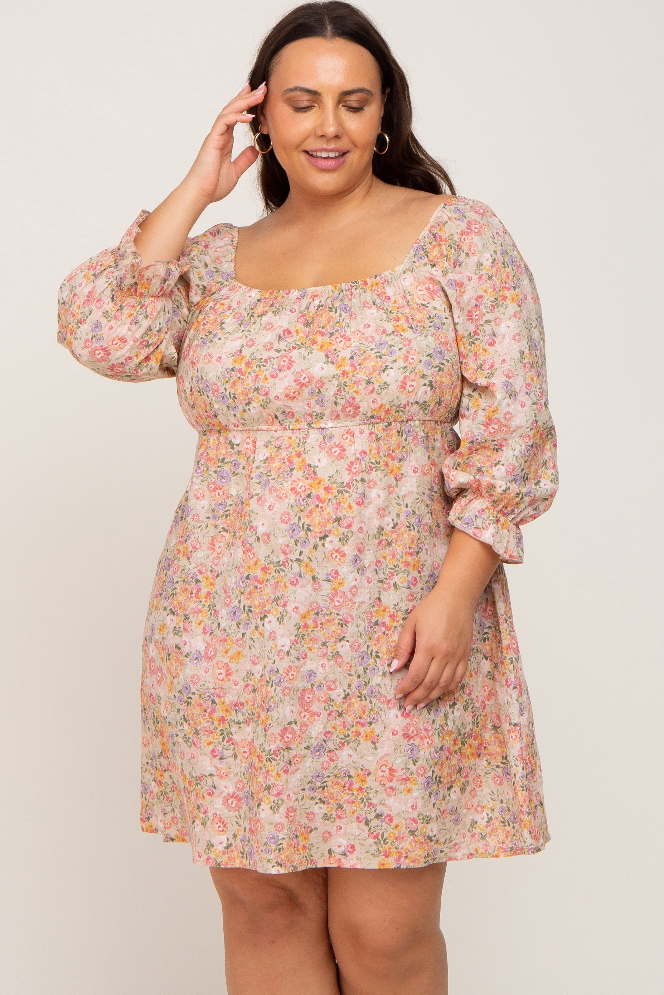 Taupe Floral Bubble Sleeve Plus Dress sold by Pinkblush