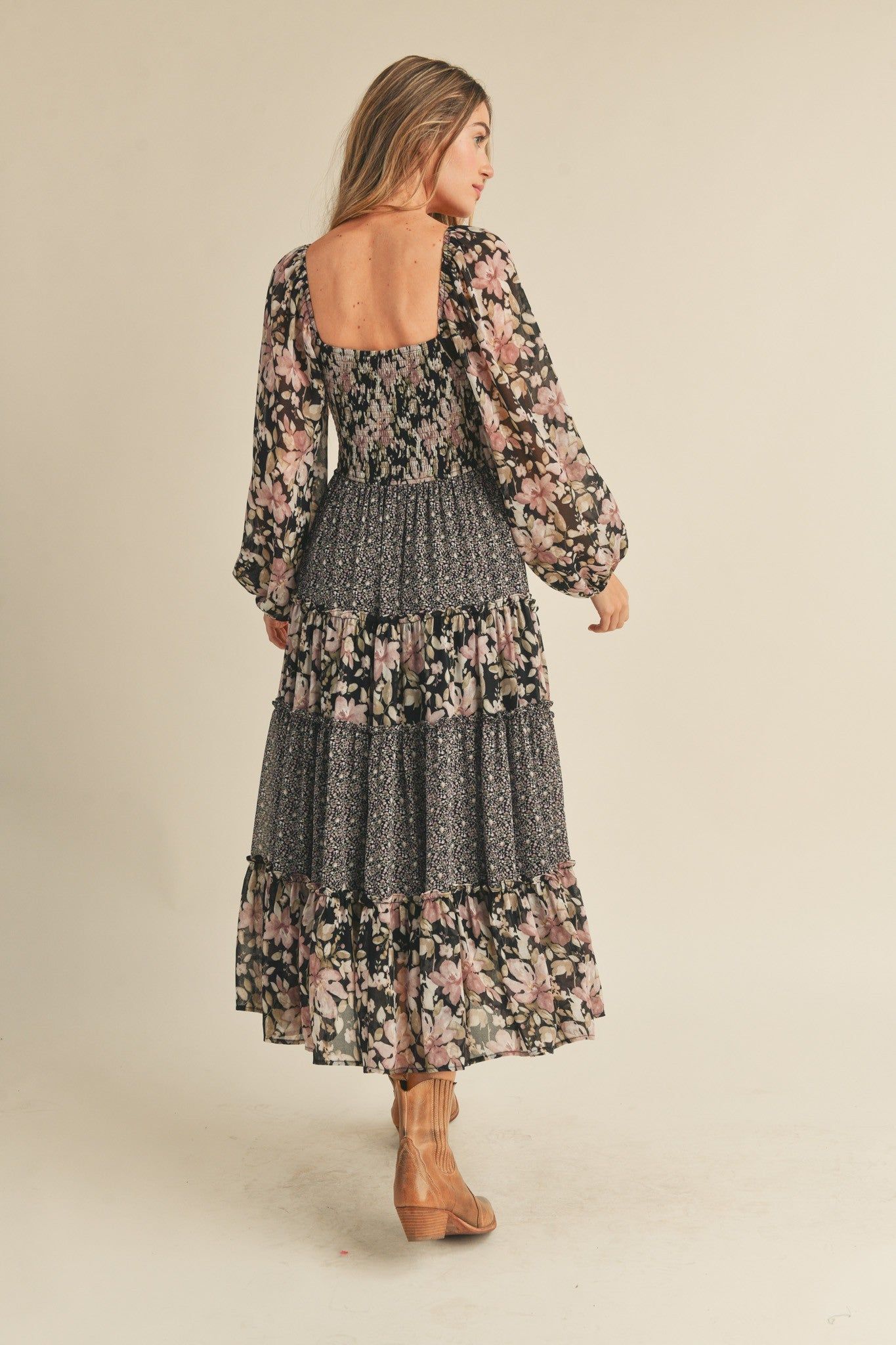 Black Floral Mixed Patchwork Print Ruffle Trim Midi Dress sold by Pinkblush product image thumbnail 3