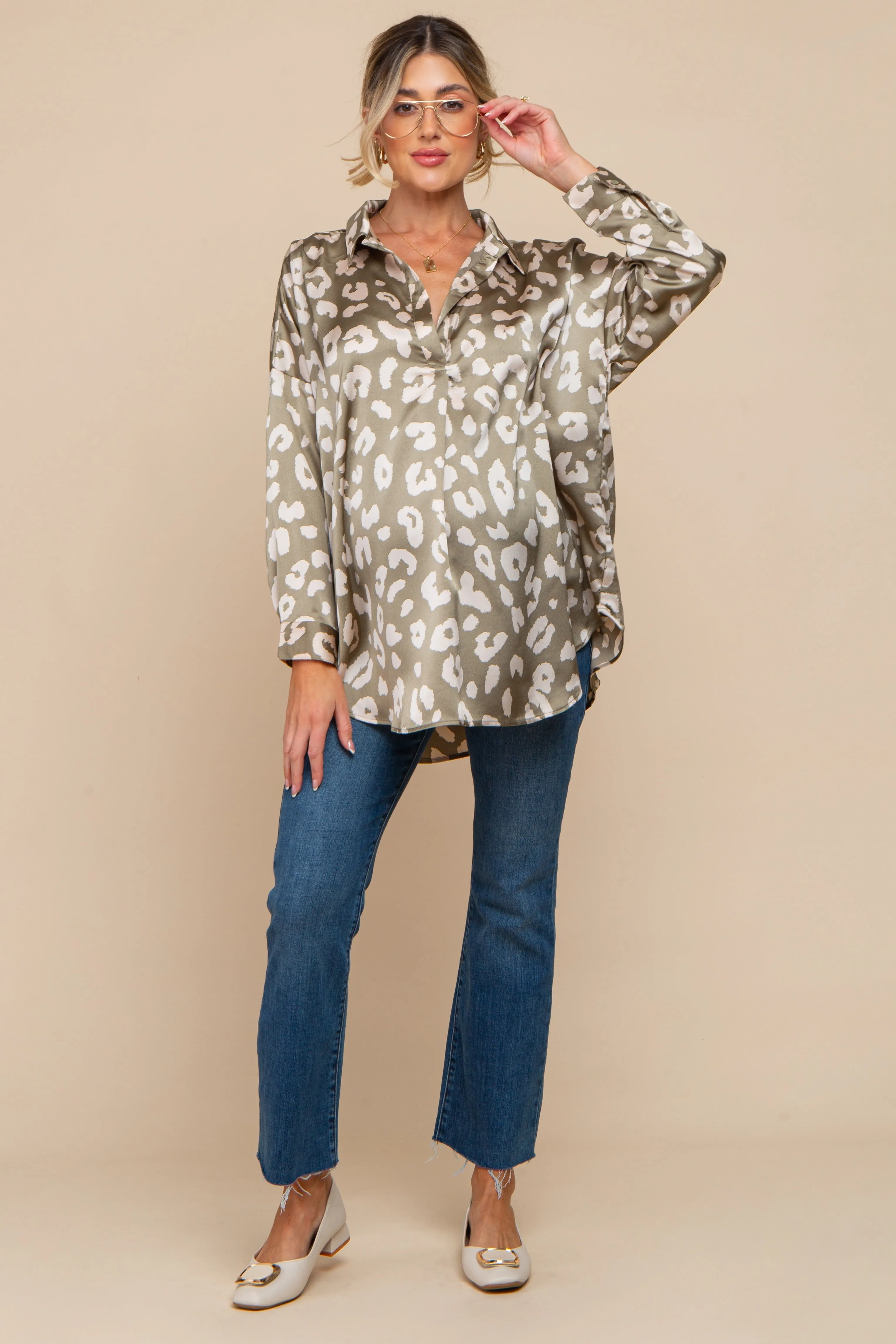 Light Olive Animal Print Long Sleeve Maternity Blouse sold by Pinkblush