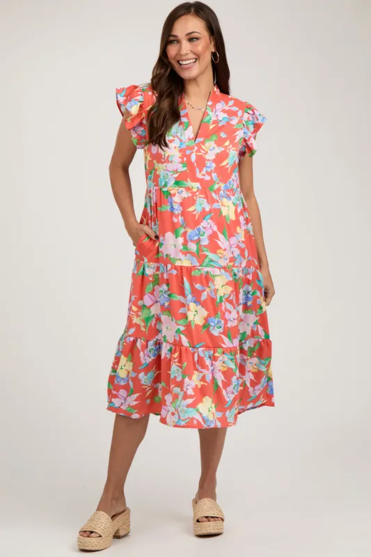 Orange Floral Ruffle Tiered Maternity Dress sold by Pinkblush