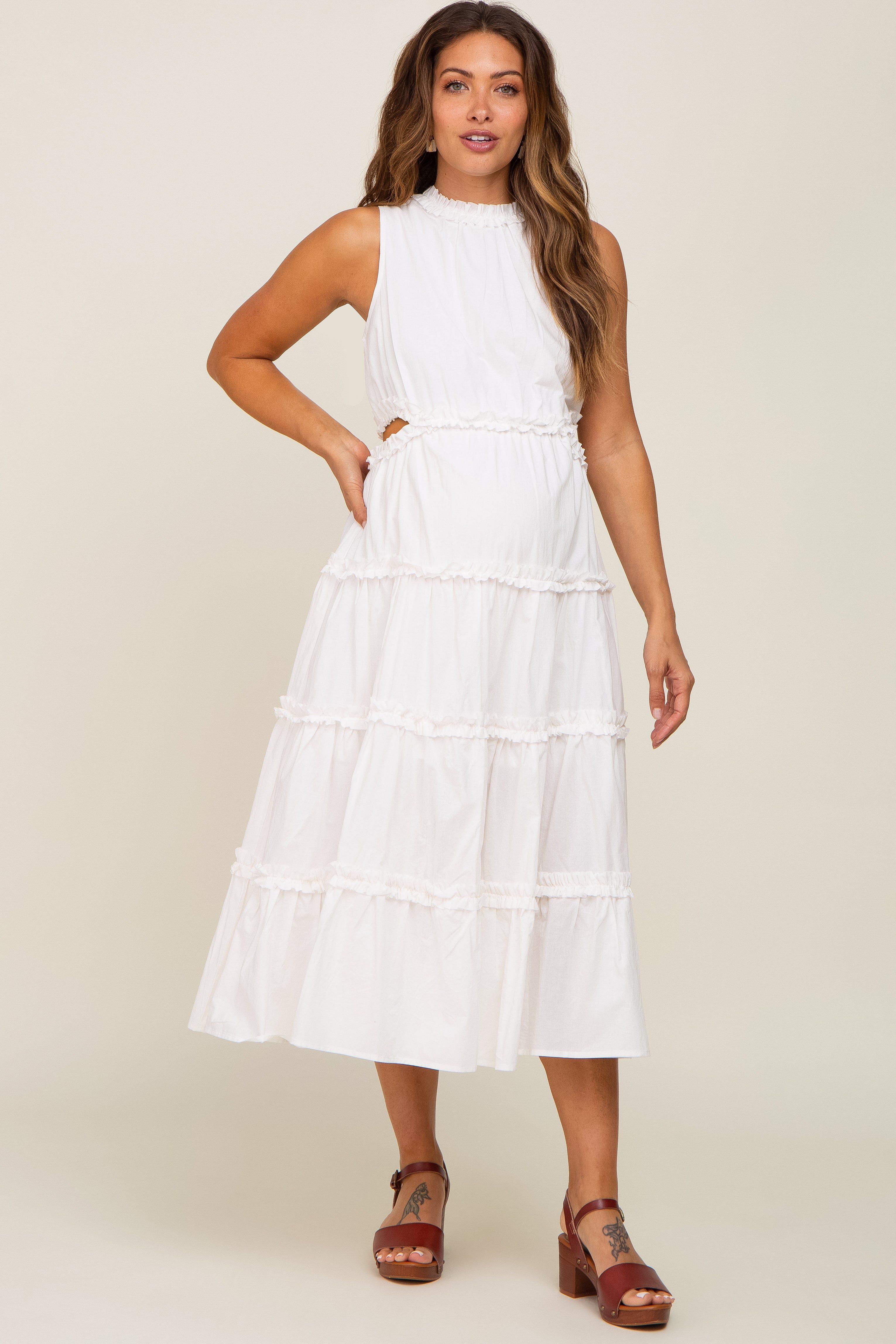 White Tiered Ruffle Cutout Maternity Midi Dress sold by Pinkblush product image thumbnail 4