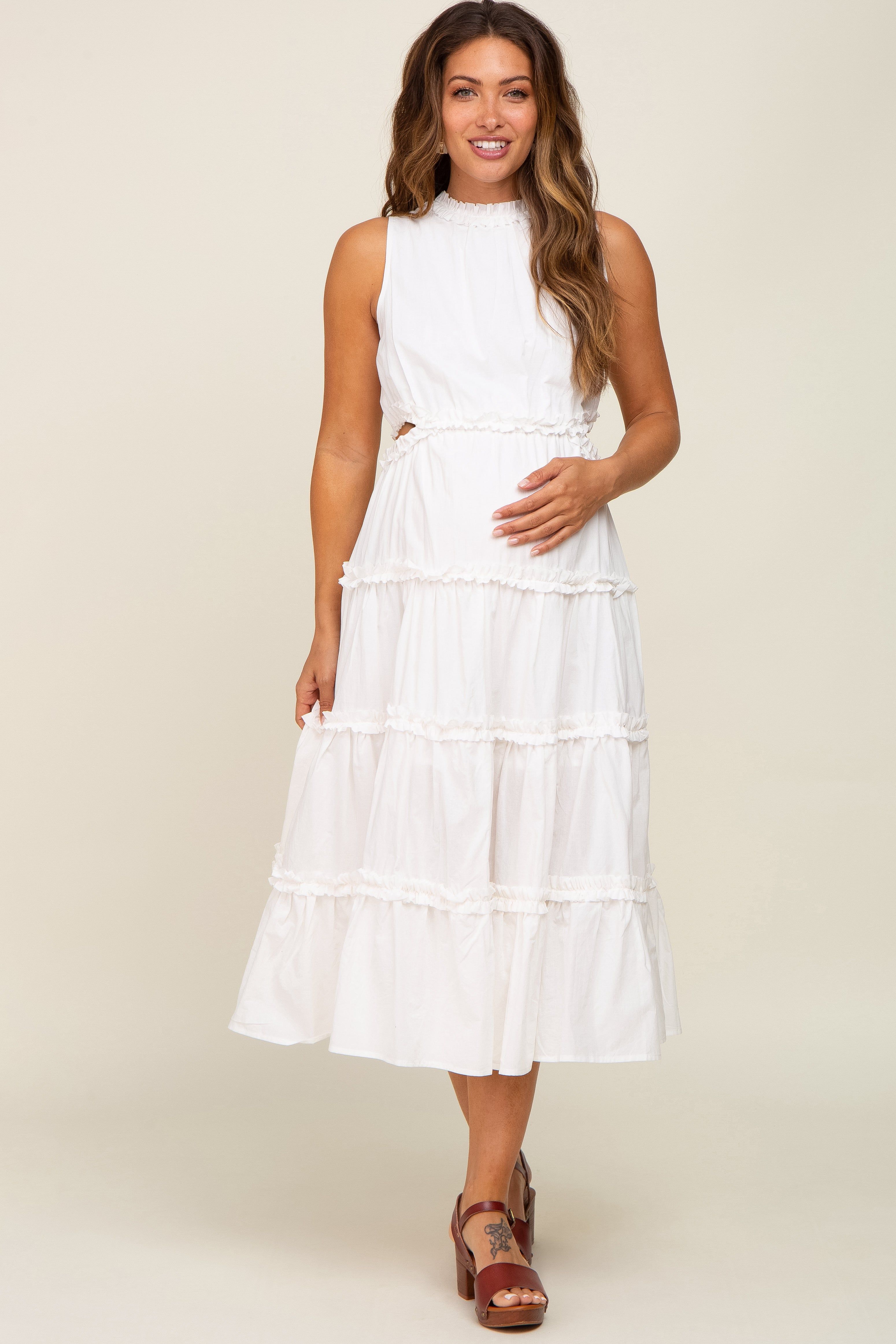 White Tiered Ruffle Cutout Maternity Midi Dress sold by Pinkblush