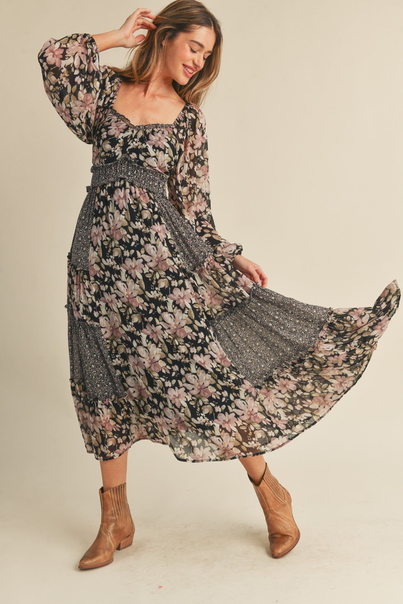 Black Floral Mixed Patchwork Print Ruffle Trim Midi Dress sold by Pinkblush product image thumbnail 4