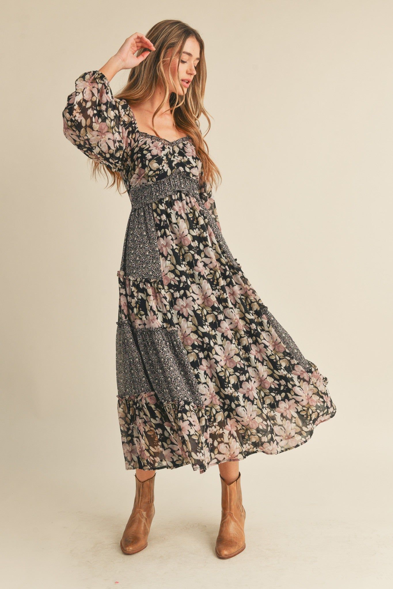 Black Floral Mixed Patchwork Print Ruffle Trim Midi Dress sold by Pinkblush