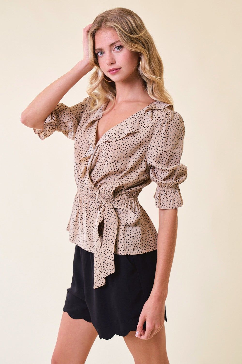 Tan Ruffle Wrap Leopard Blouse sold by Pinkblush product image thumbnail 3