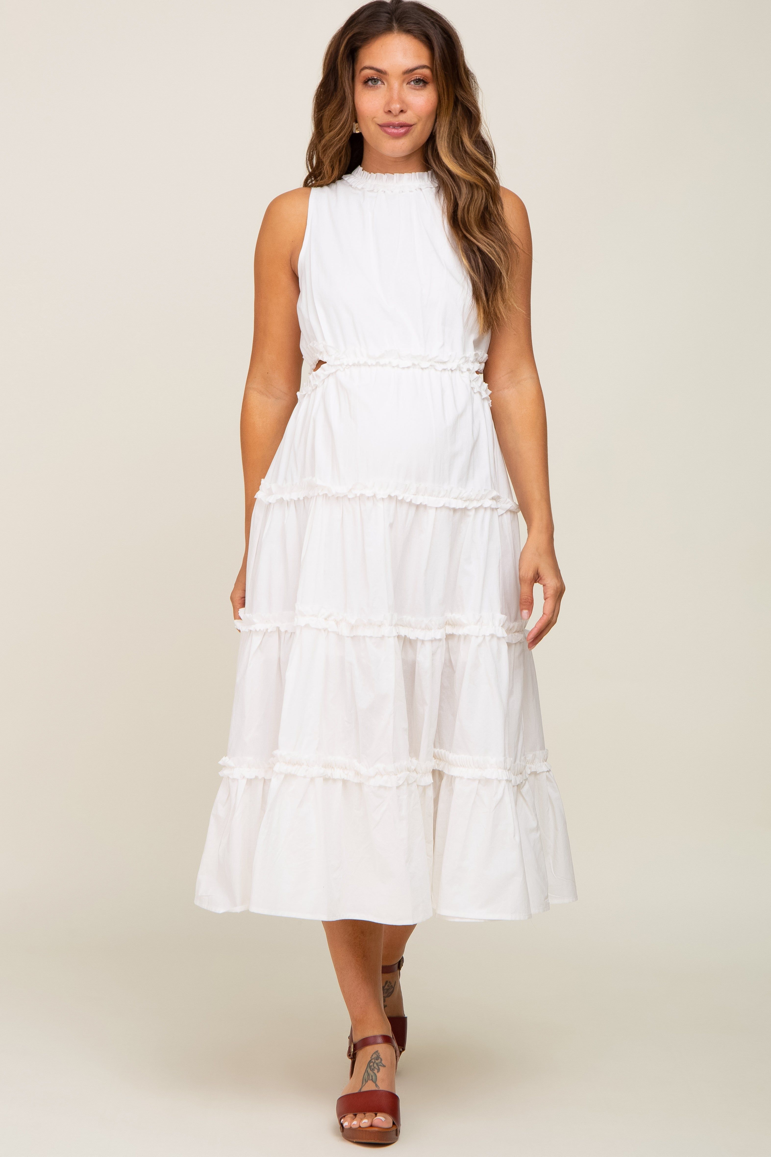 White Tiered Ruffle Cutout Maternity Midi Dress sold by Pinkblush product image thumbnail 5