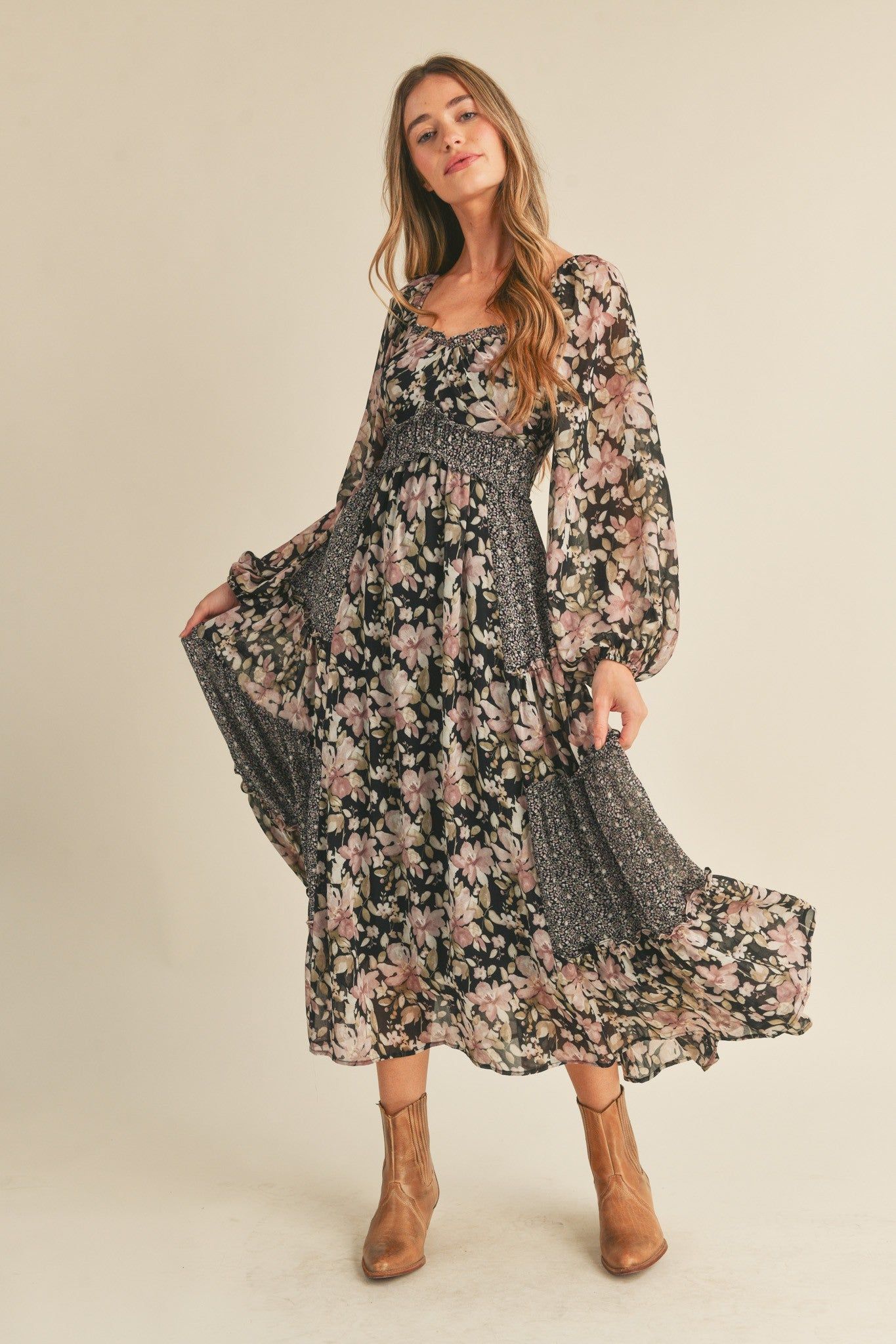Black Floral Mixed Patchwork Print Ruffle Trim Midi Dress sold by Pinkblush product image thumbnail 2