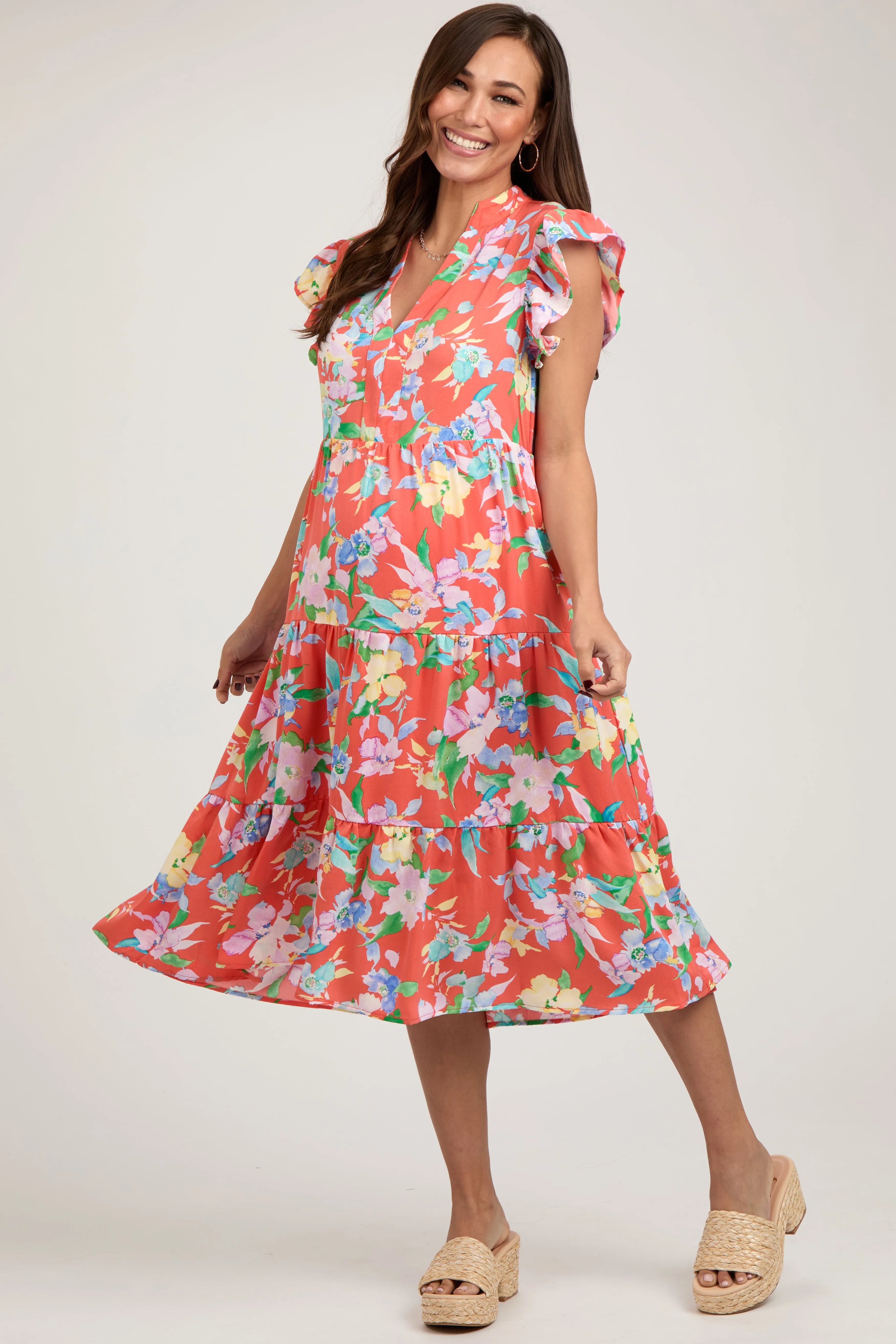 Orange Floral Ruffle Tiered Maternity Dress sold by Pinkblush product image thumbnail 2