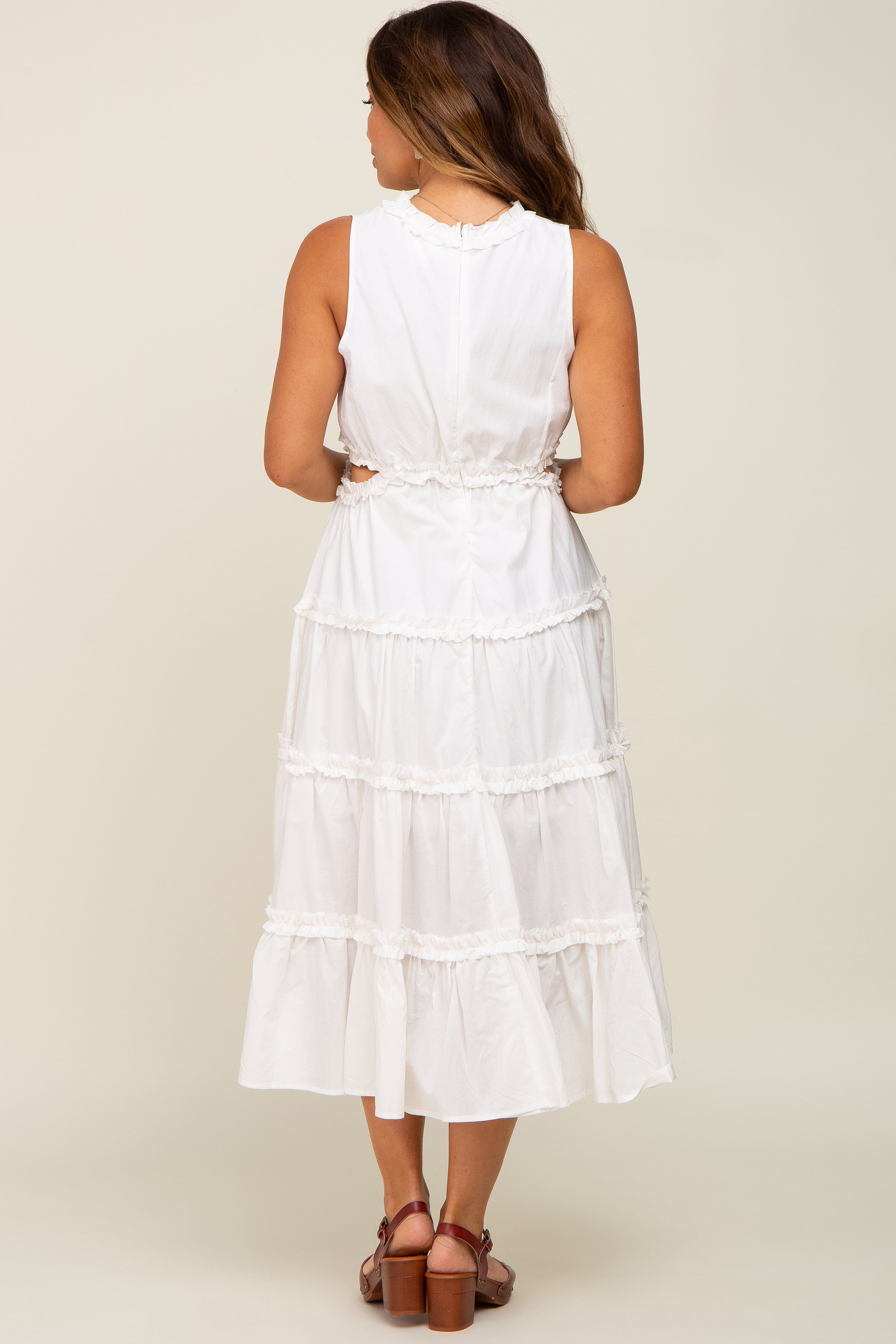 White Tiered Ruffle Cutout Maternity Midi Dress sold by Pinkblush product image thumbnail 3