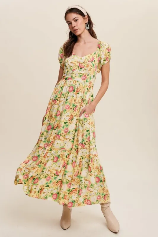 Light Yellow Floral Sweetheart Bodice Puff Sleeve Maxi Dress sold by Pinkblush