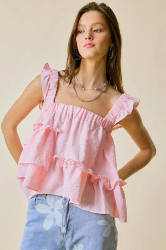 Pink Tiered Ruffle Sleeveless Babydoll Top sold by Pinkblush