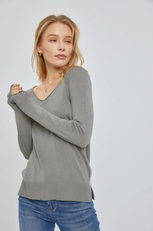 Olive Fine Knit V-Neck Side Slit Top sold by Pinkblush