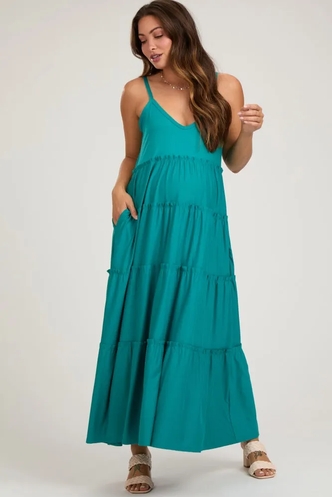 Teal Tiered Sleeveless Maternity Maxi Dress sold by Pinkblush