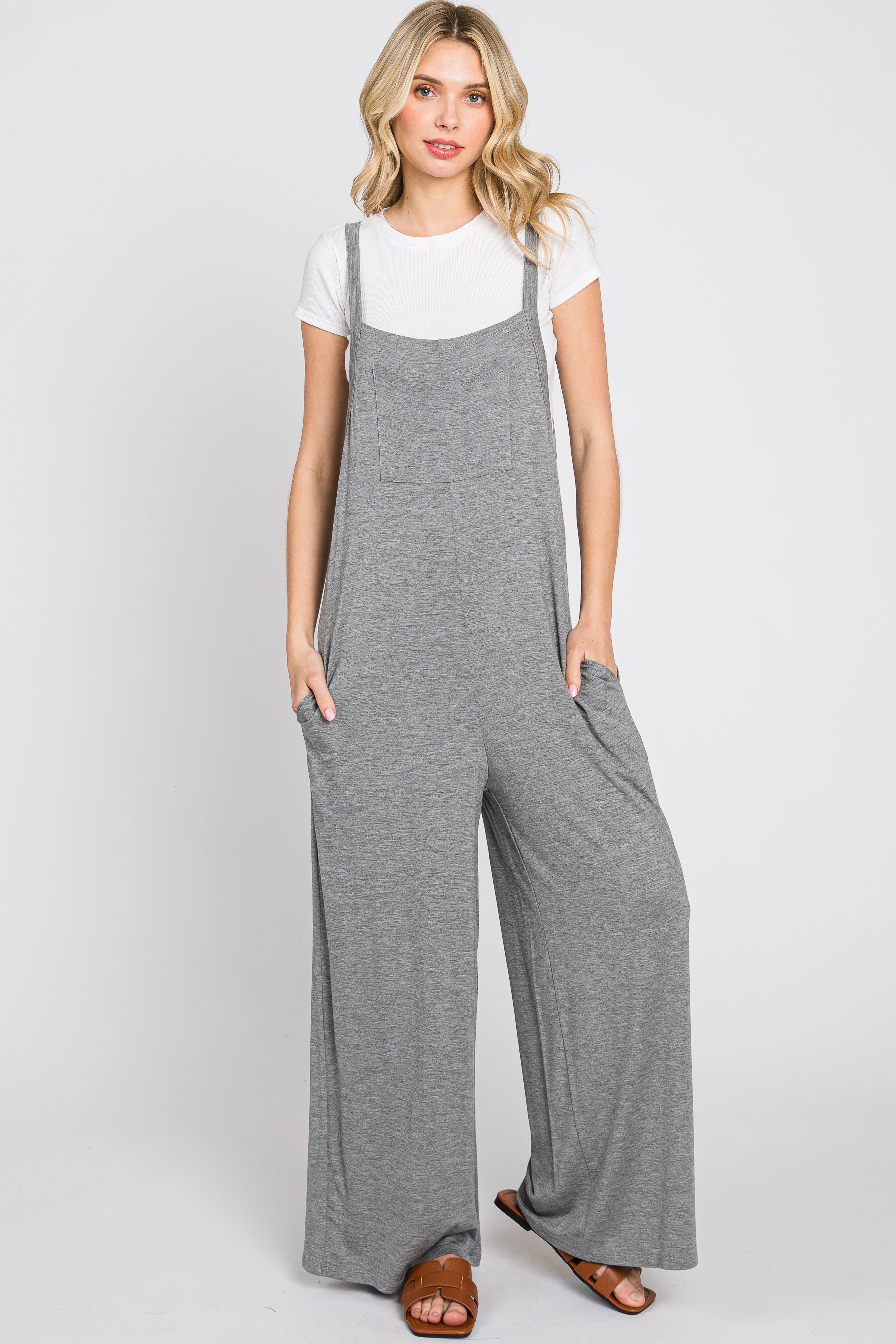 Heather Grey Sleeveless Pocketed Wide Leg Jumpsuit sold by Pinkblush