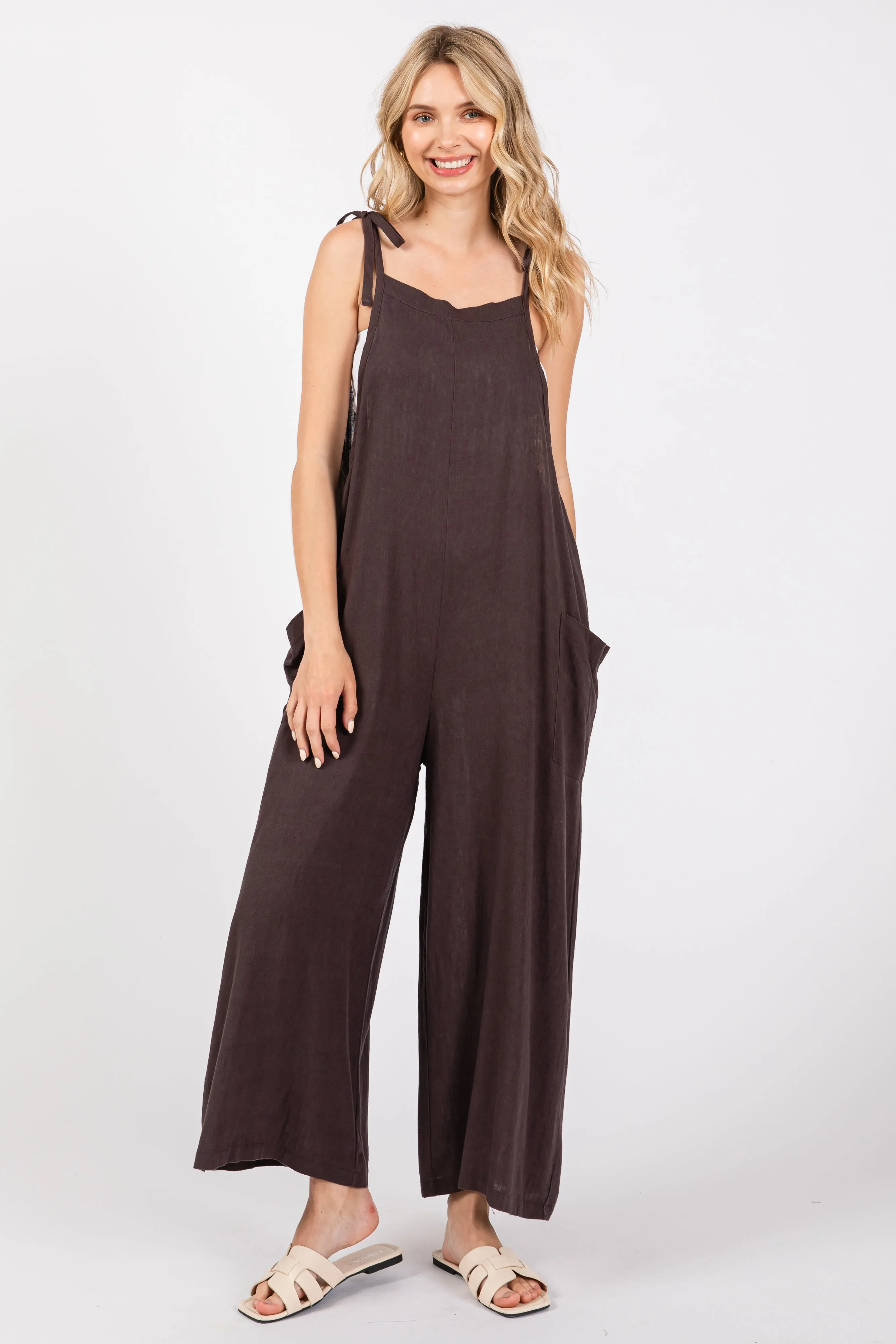 Brown Linen Shoulder Tie Maternity Jumpsuit sold by Pinkblush product image thumbnail 5