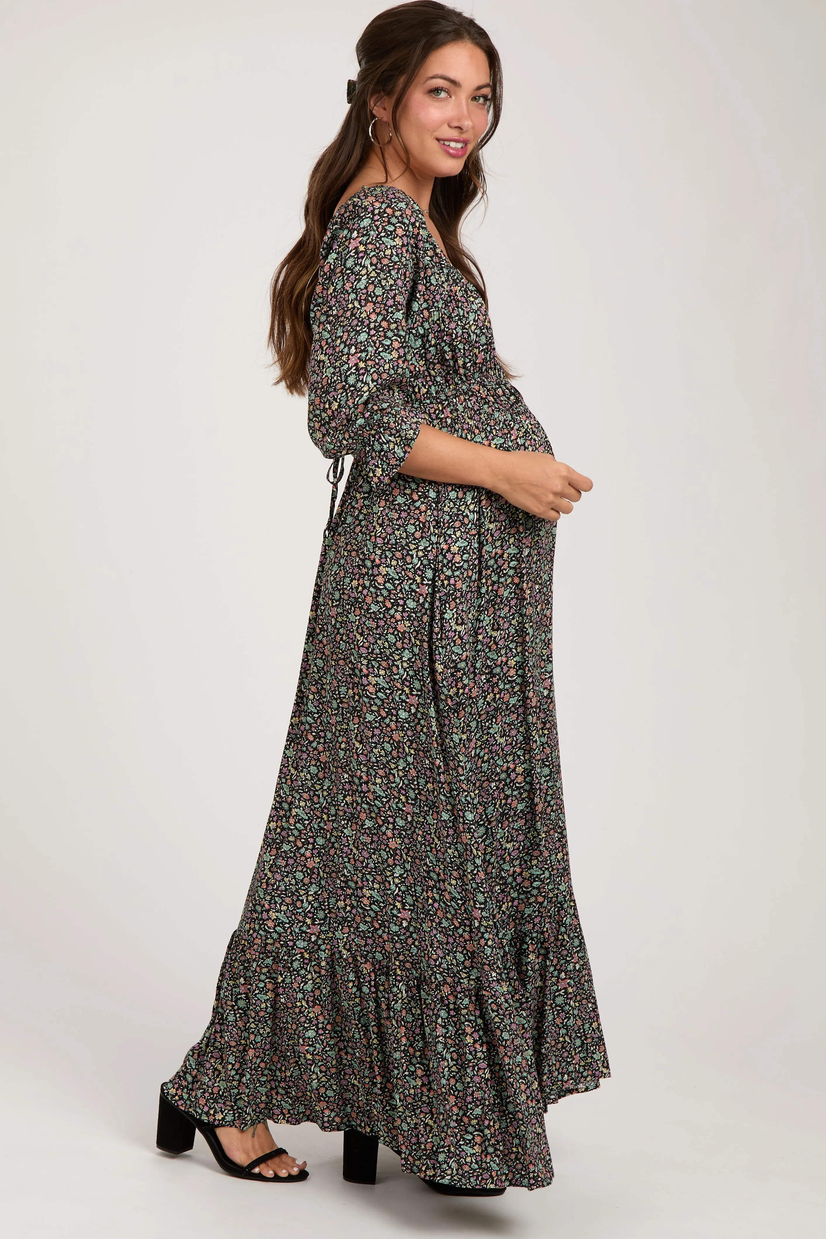 Black Floral Criss Cross Maternity Maxi Dress sold by Pinkblush product image thumbnail 3