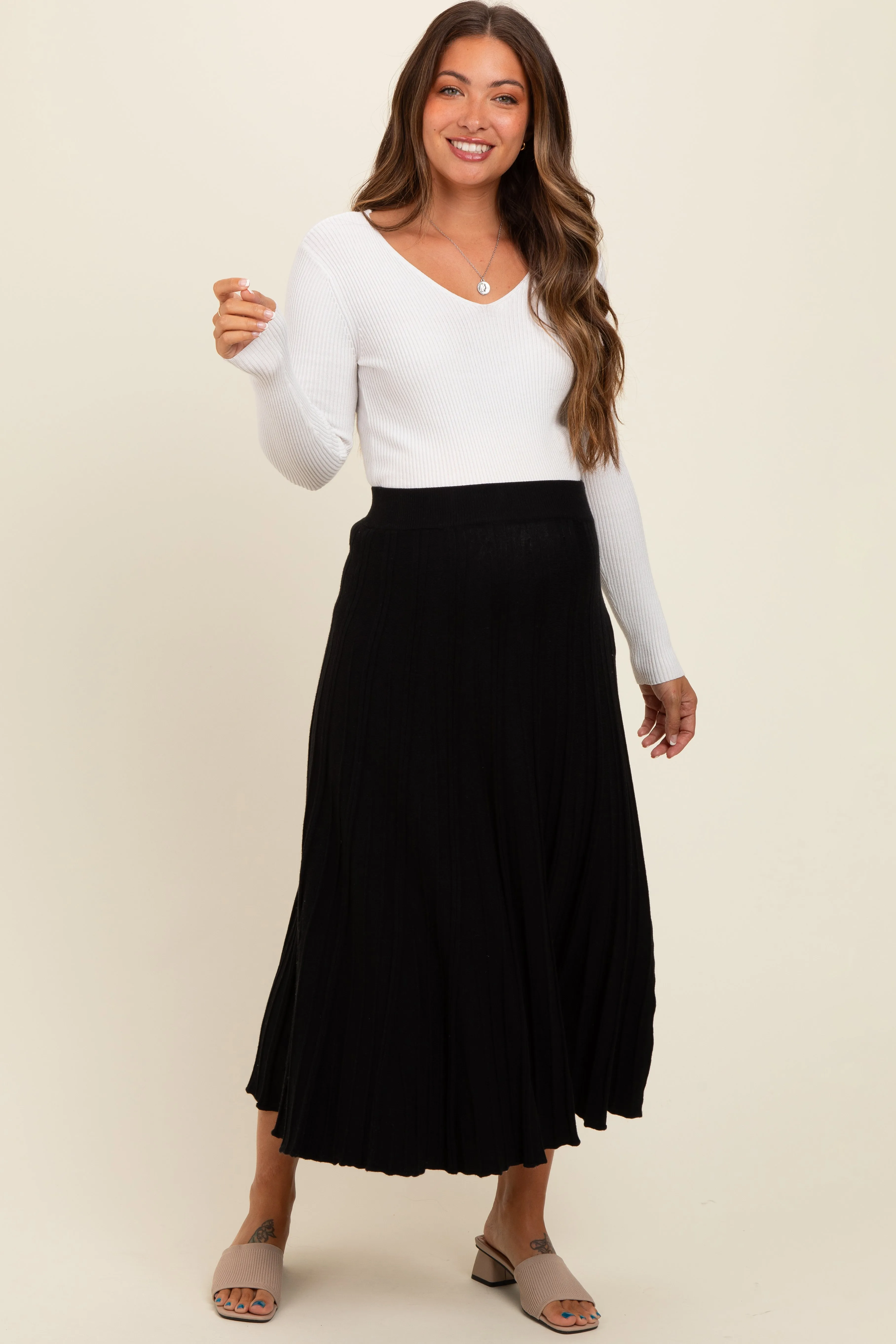 Black Ribbed Knit A-Line Midi Maternity Skirt sold by Pinkblush