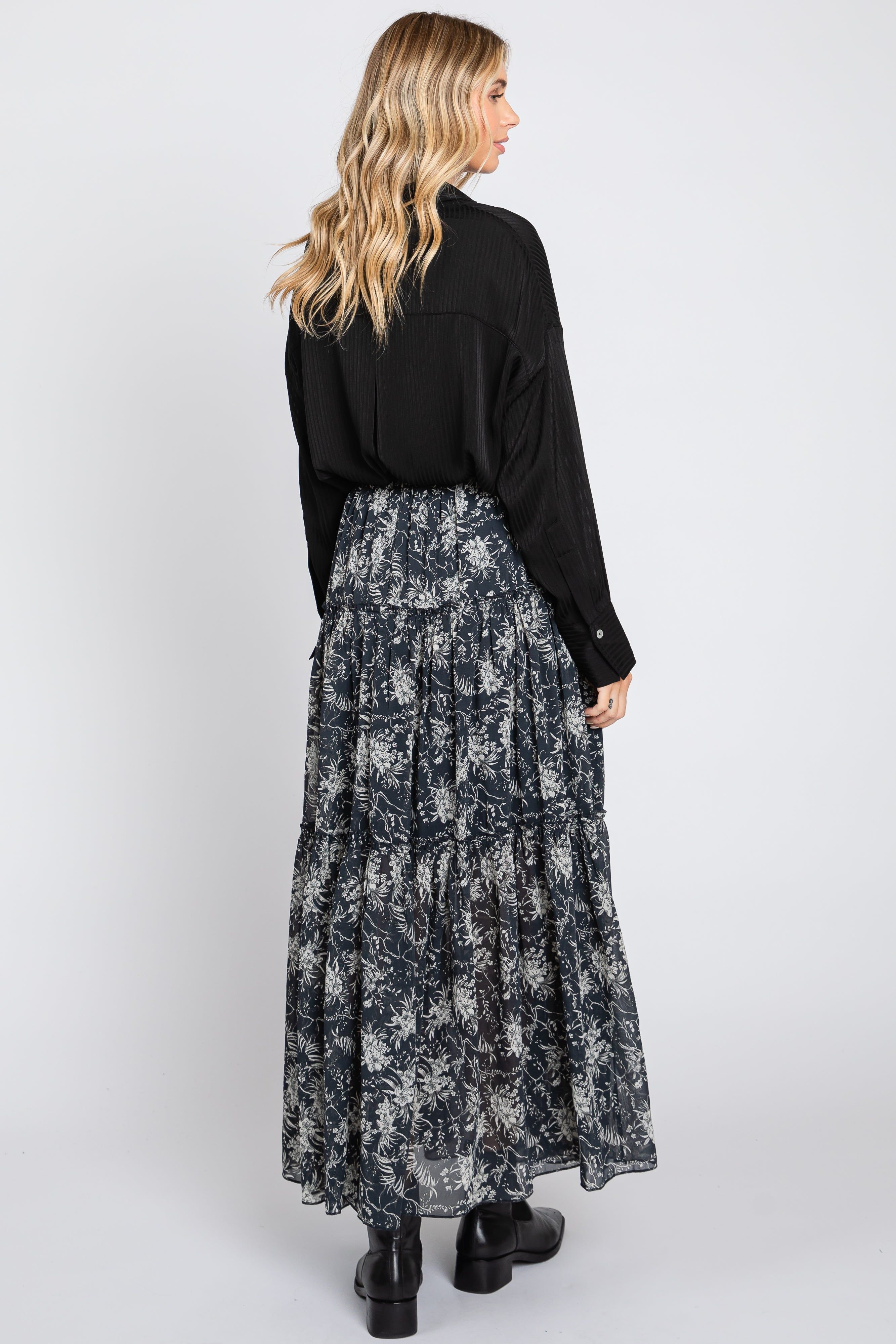 Charcoal Floral Chiffon Drawstring Tiered Midi Skirt sold by Pinkblush product image thumbnail 3