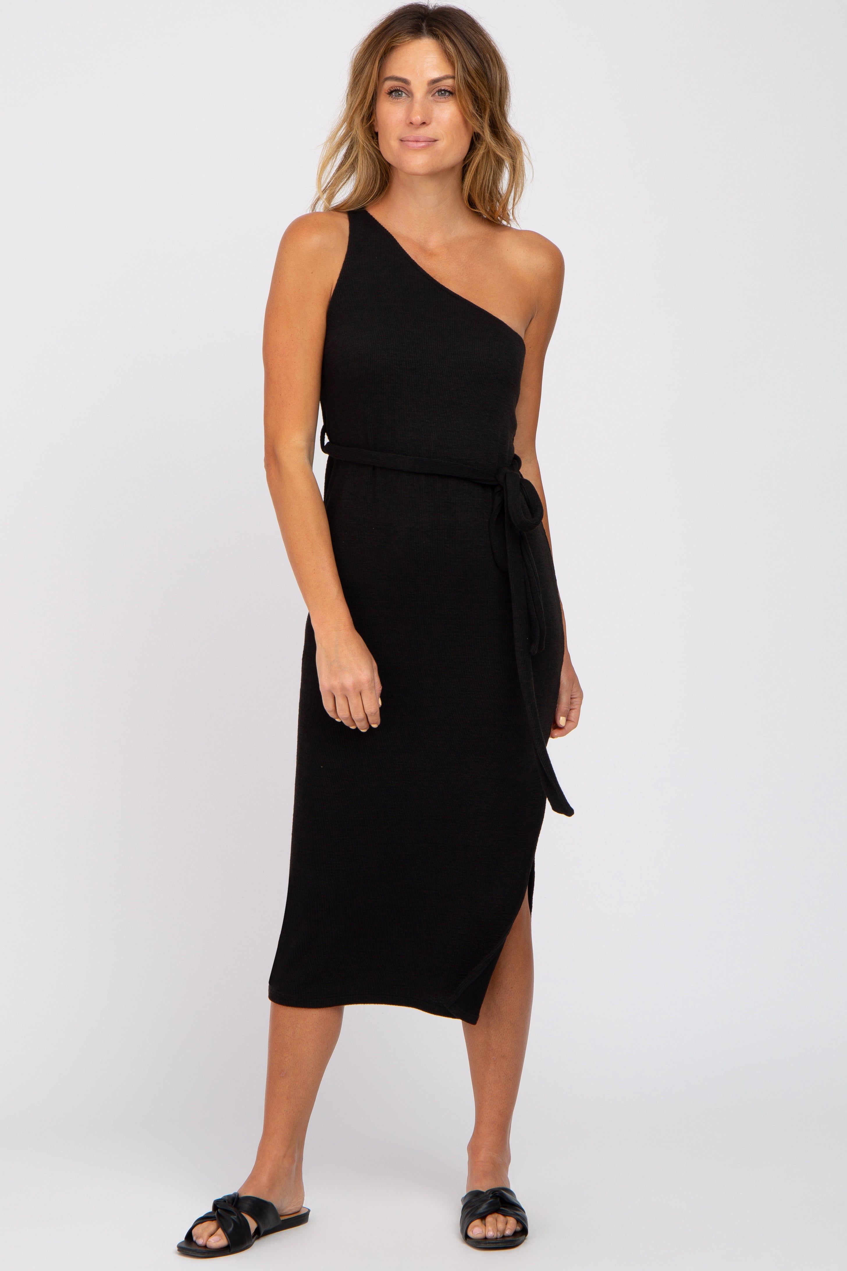 Black Ribbed One Shoulder Side Slit Midi Dress sold by Pinkblush