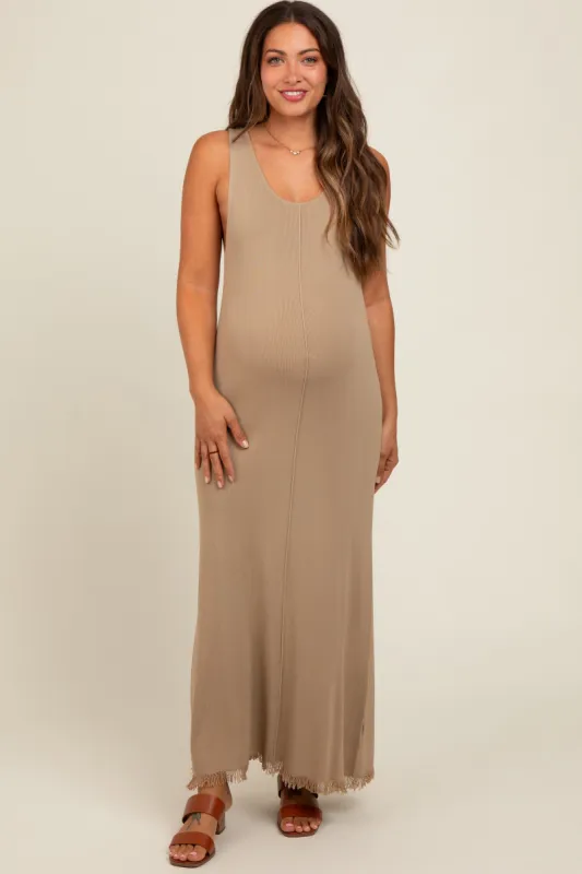 Beige Knit Fringe Maternity Midi Dress sold by Pinkblush