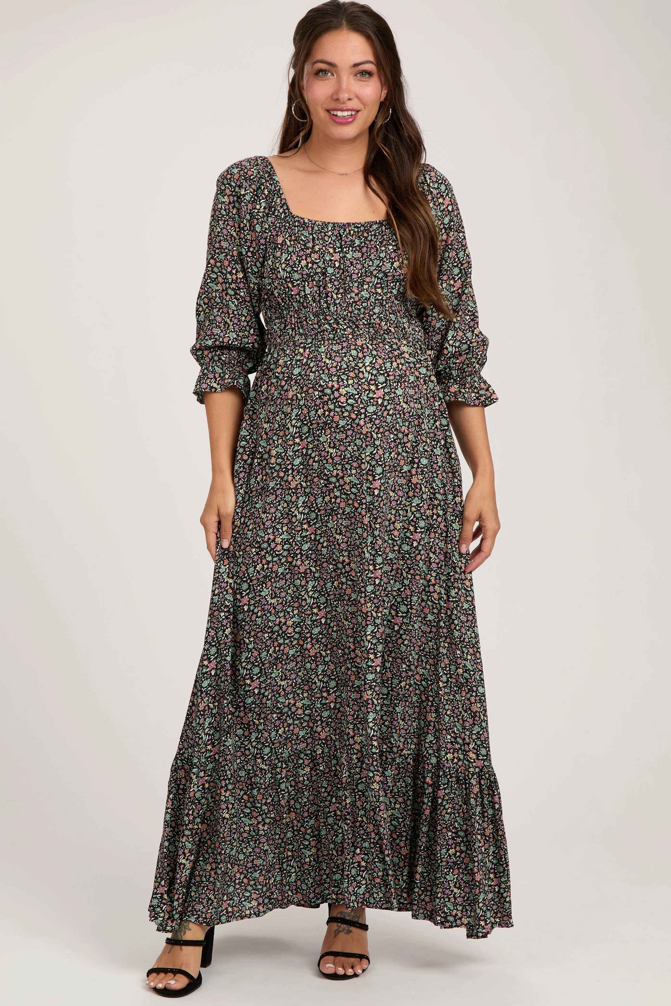 Black Floral Criss Cross Maternity Maxi Dress sold by Pinkblush