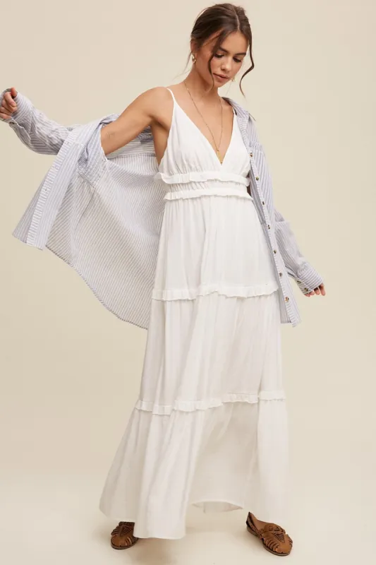 Cream Striped Ruffle Tiered Maxi Dress sold by Pinkblush