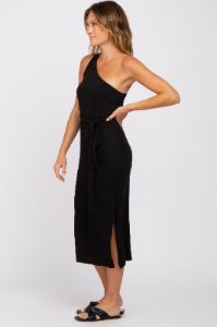 Black Ribbed One Shoulder Side Slit Midi Dress sold by Pinkblush
