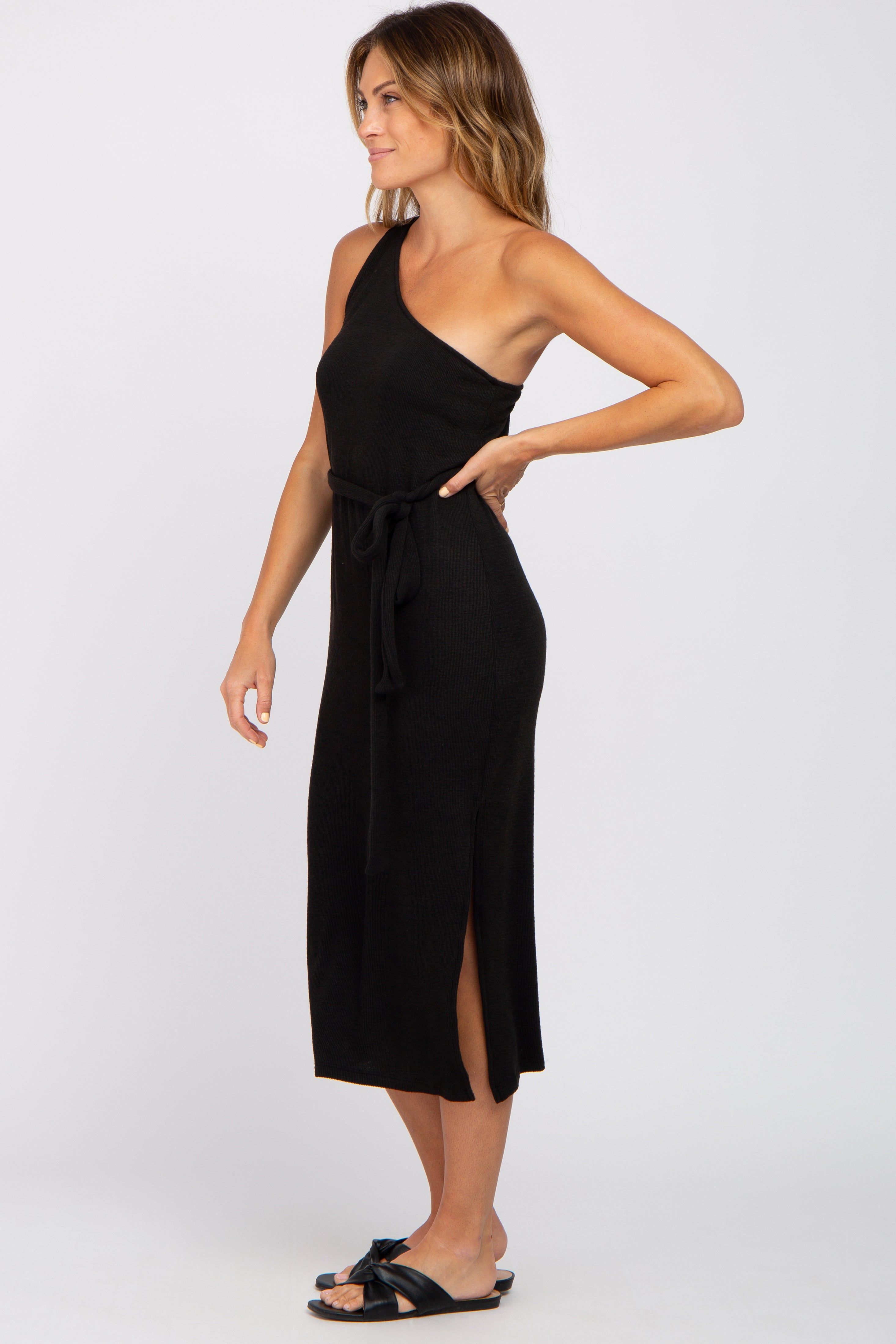 Black Ribbed One Shoulder Side Slit Midi Dress sold by Pinkblush product image thumbnail 2