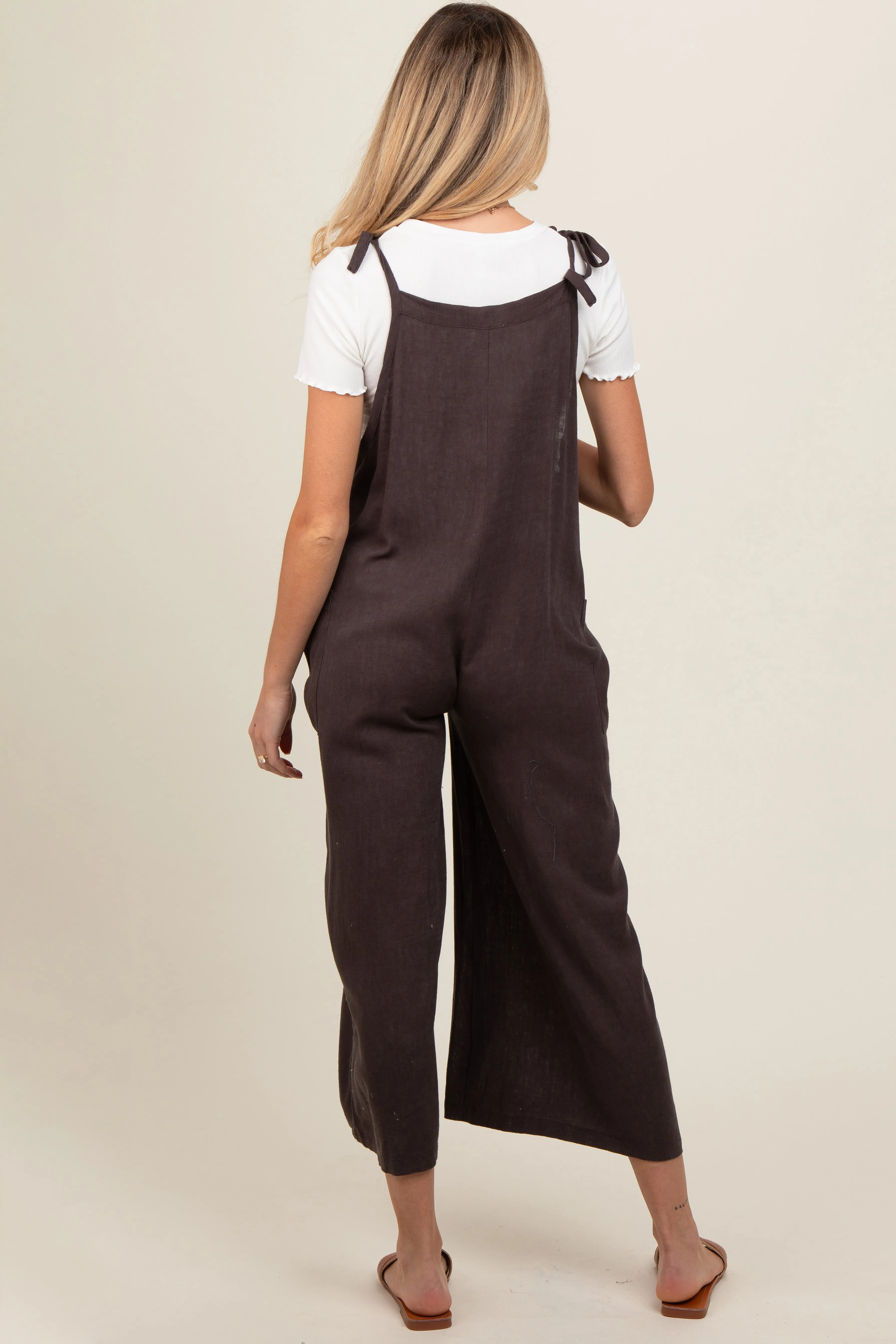 Brown Linen Shoulder Tie Maternity Jumpsuit sold by Pinkblush product image thumbnail 4