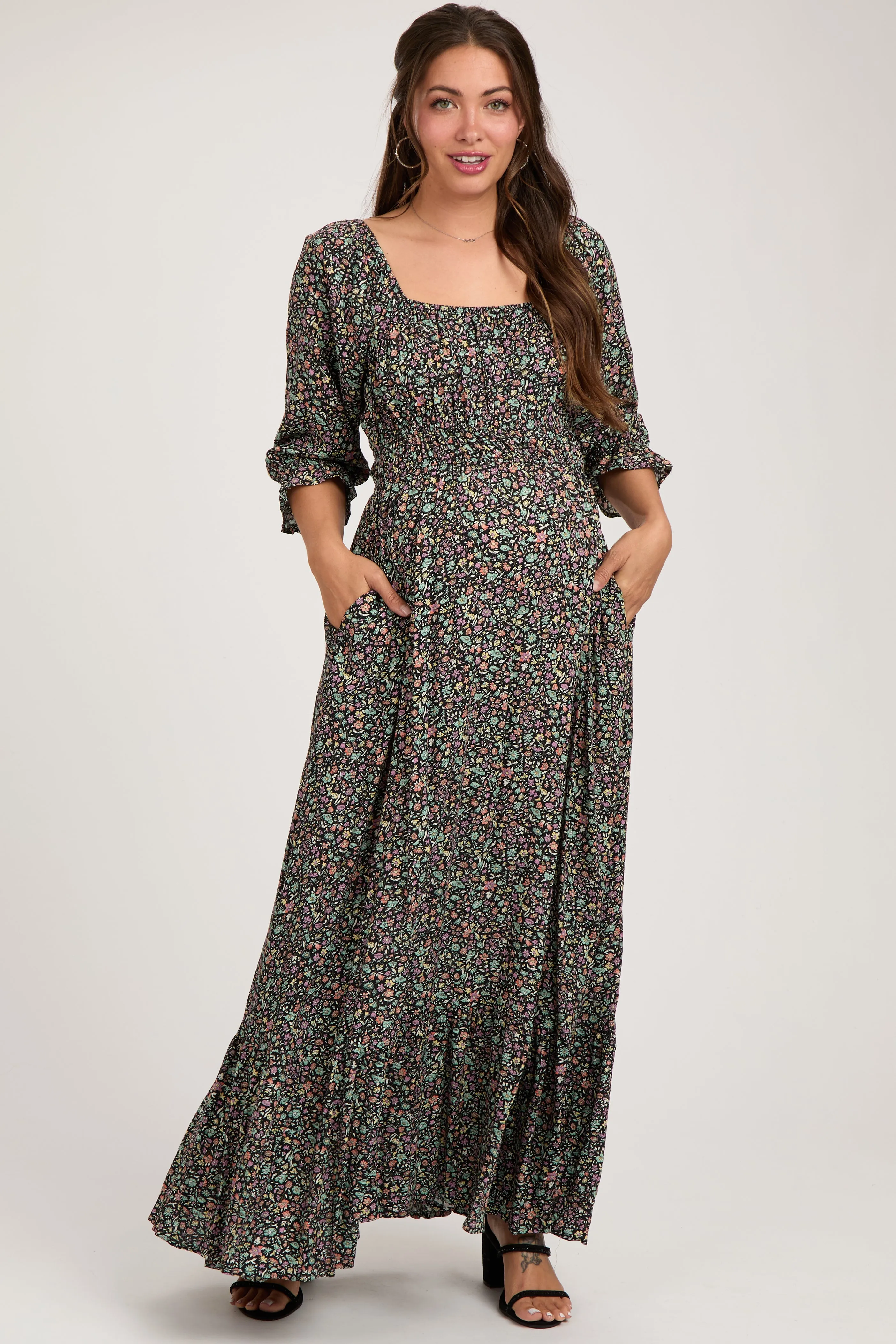 Black Floral Criss Cross Maternity Maxi Dress sold by Pinkblush product image thumbnail 2