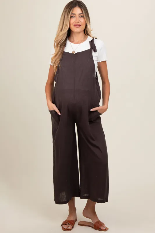 Brown Linen Shoulder Tie Maternity Jumpsuit sold by Pinkblush