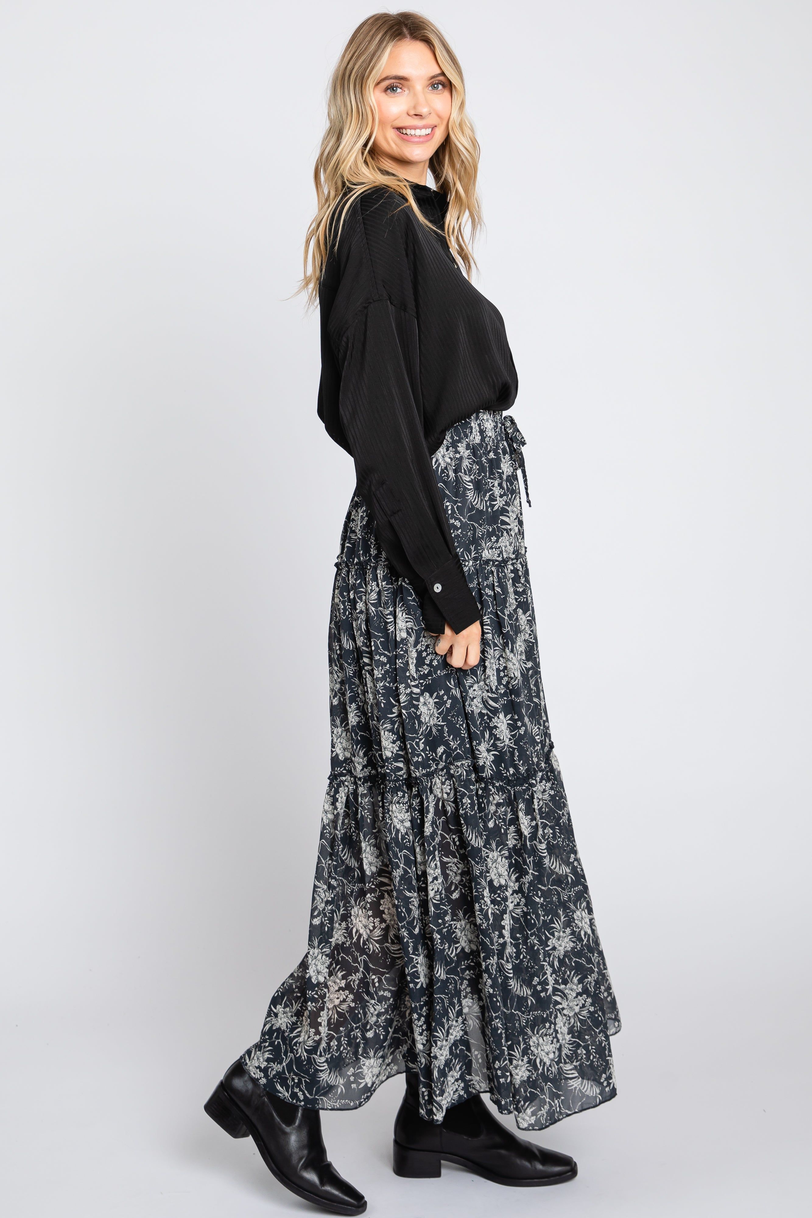 Charcoal Floral Chiffon Drawstring Tiered Midi Skirt sold by Pinkblush product image thumbnail 2