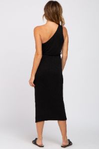 Black Ribbed One Shoulder Side Slit Midi Dress sold by Pinkblush