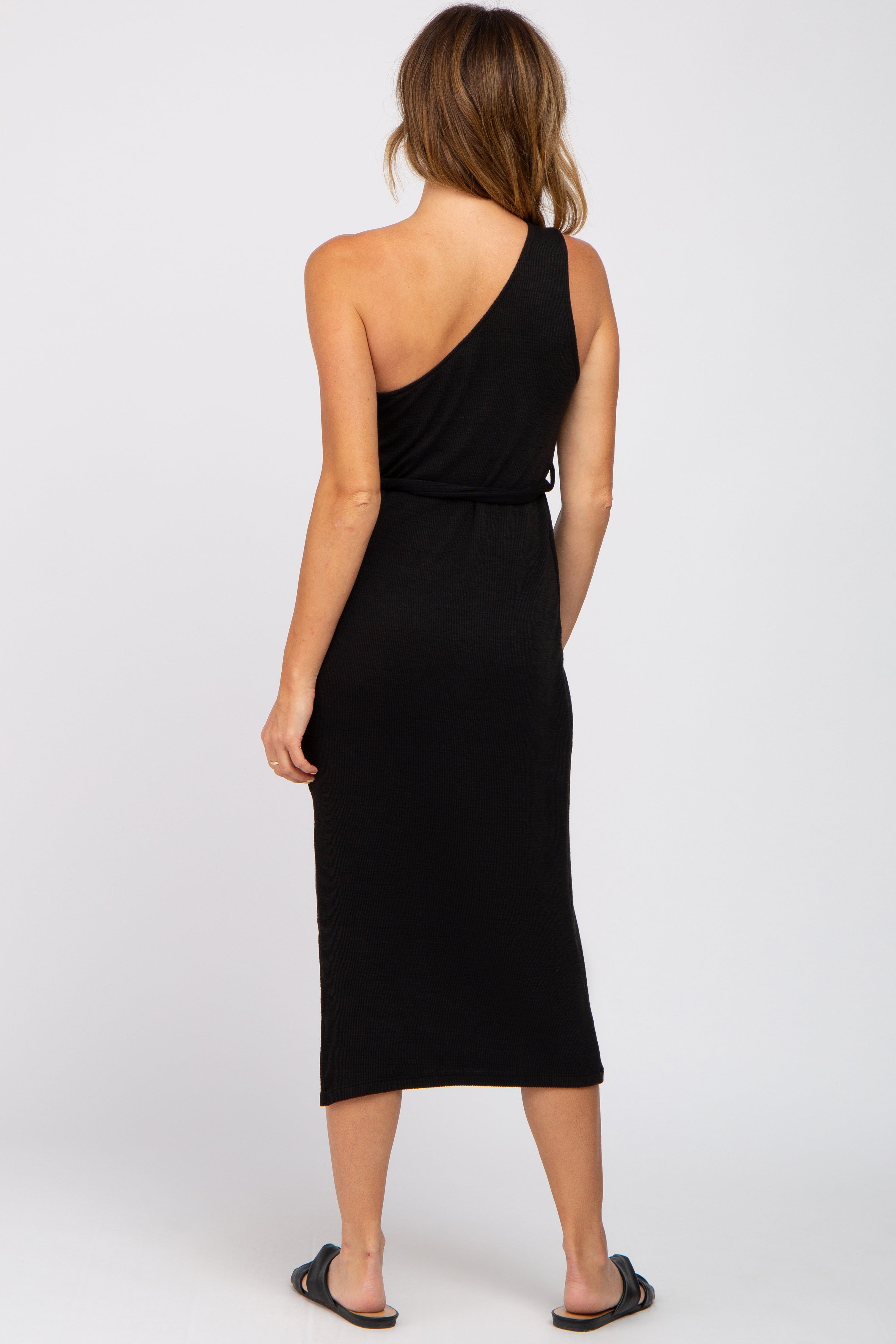 Black Ribbed One Shoulder Side Slit Midi Dress sold by Pinkblush product image thumbnail 3