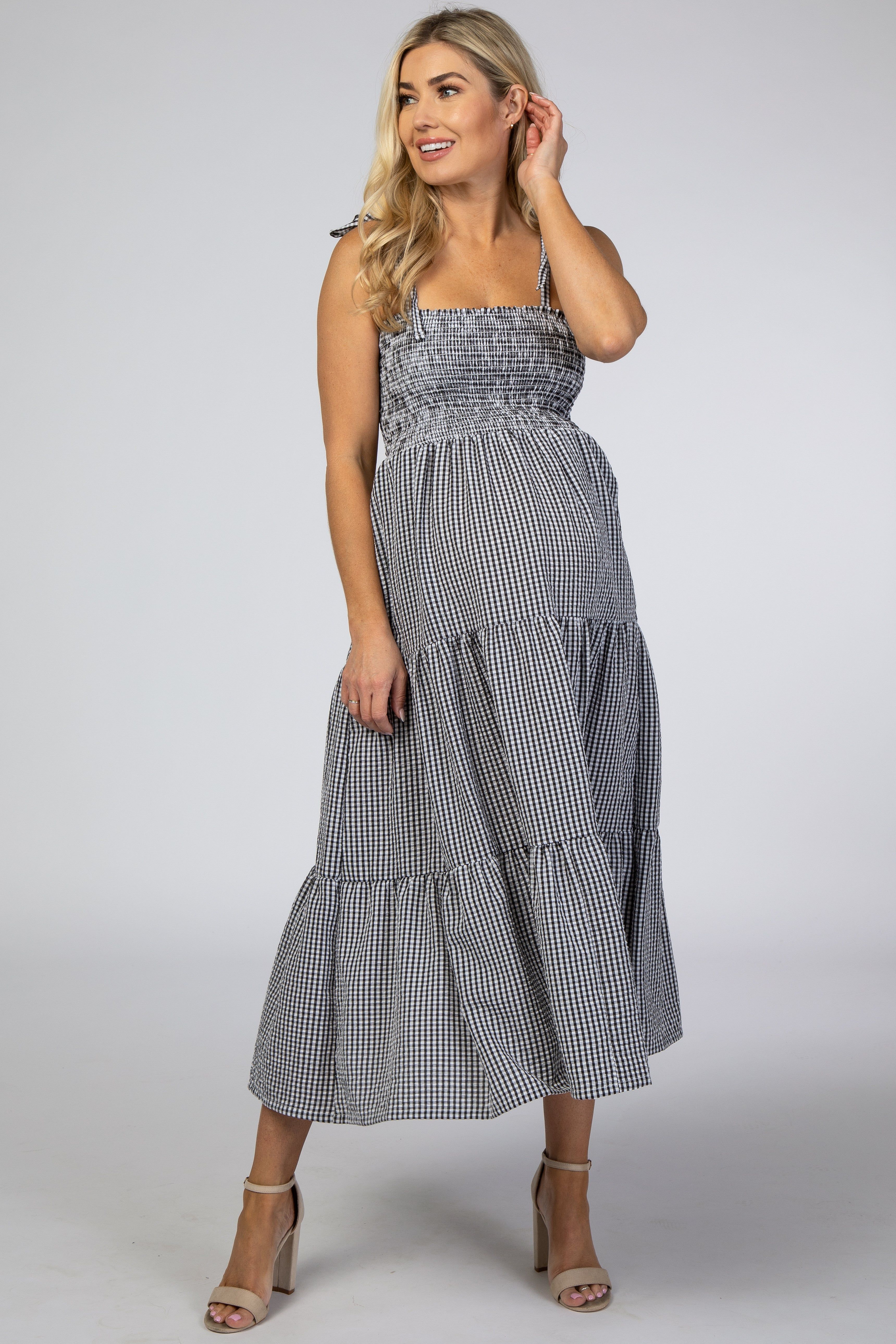 Black Checkered Tiered Maternity Midi Dress sold by Pinkblush