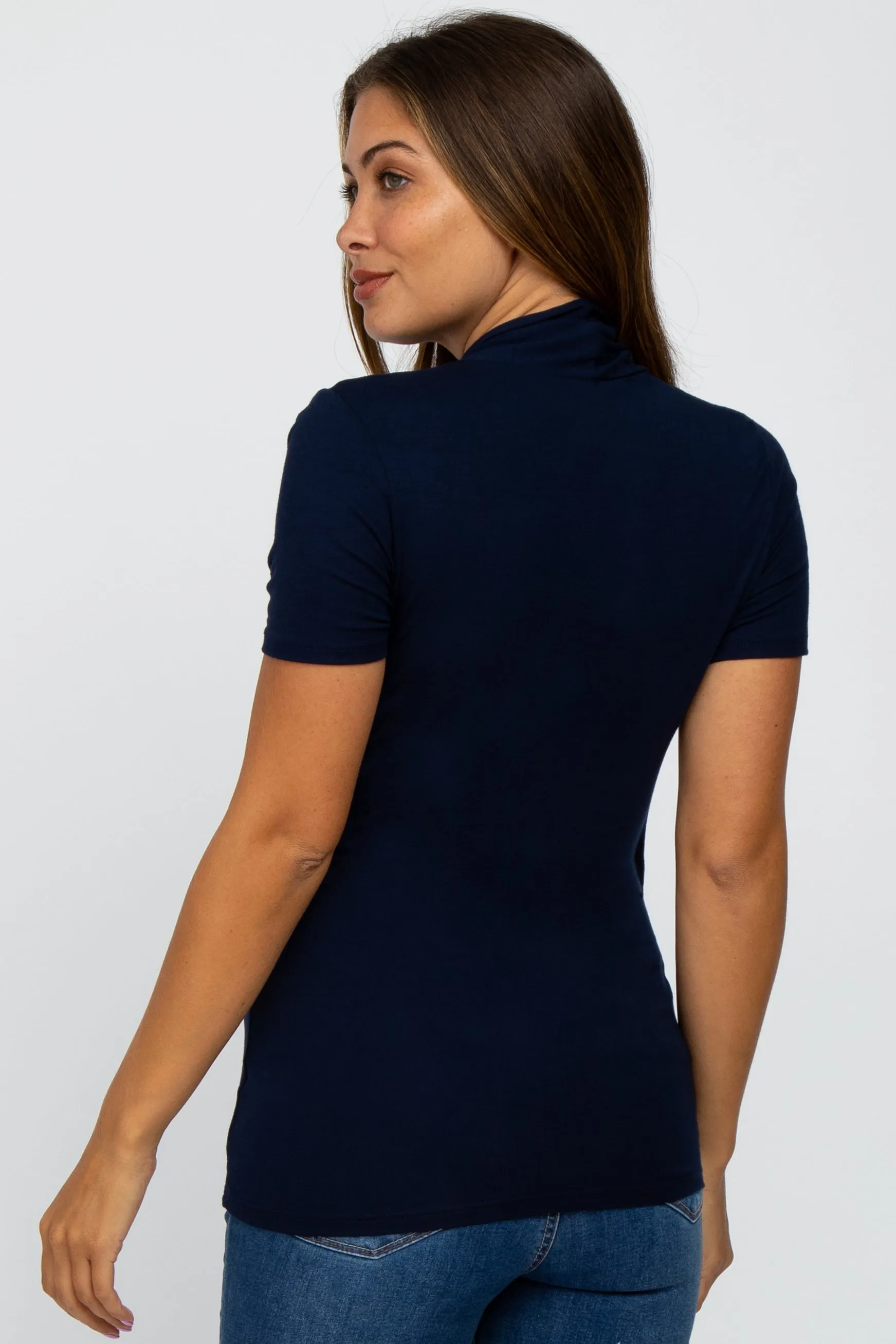 Navy Blue Solid Short Sleeve Wrap Front Maternity/Nursing Top sold by Pinkblush product image thumbnail 3